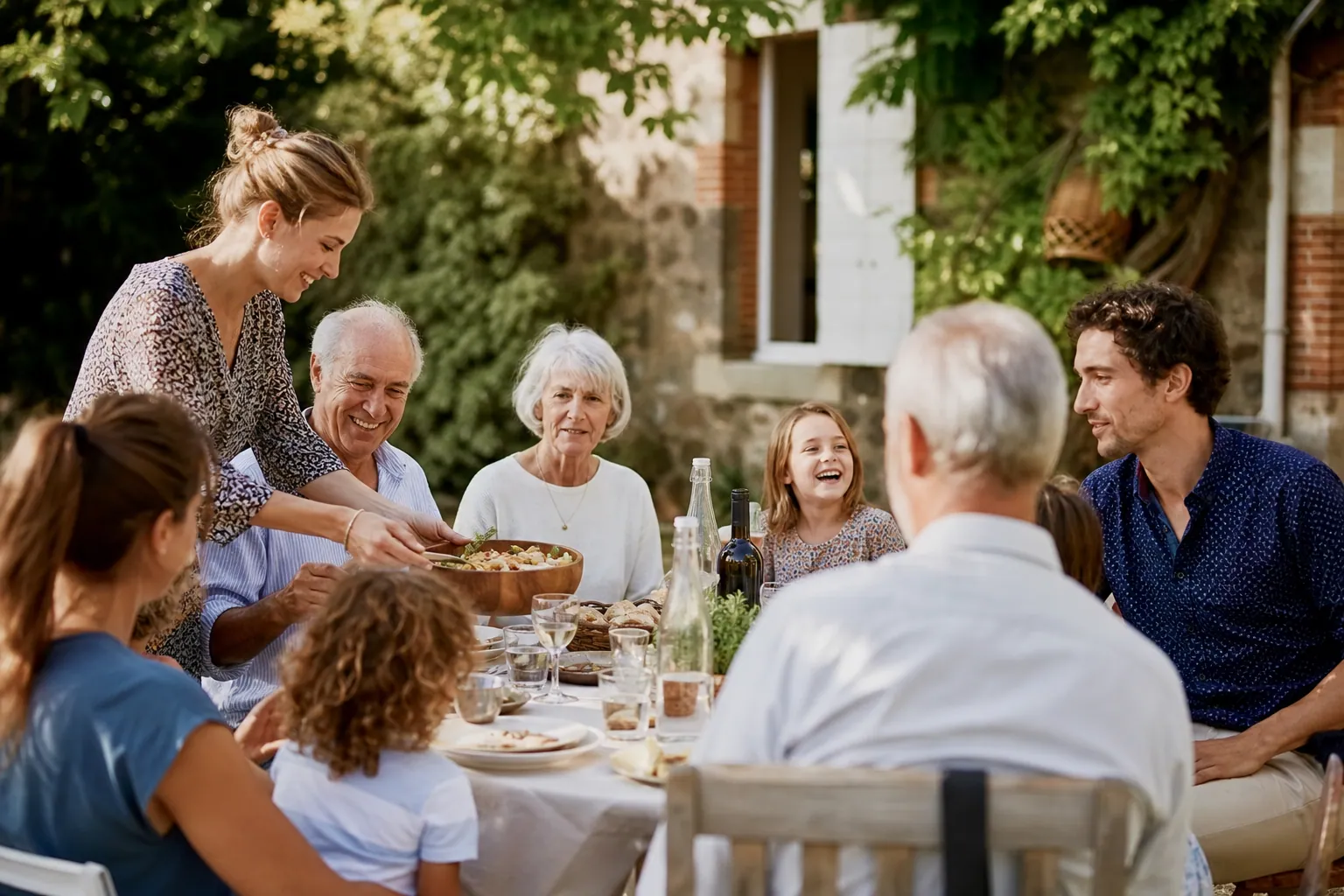 Famille française réunie autour d’une fête conviviale dans un jardin