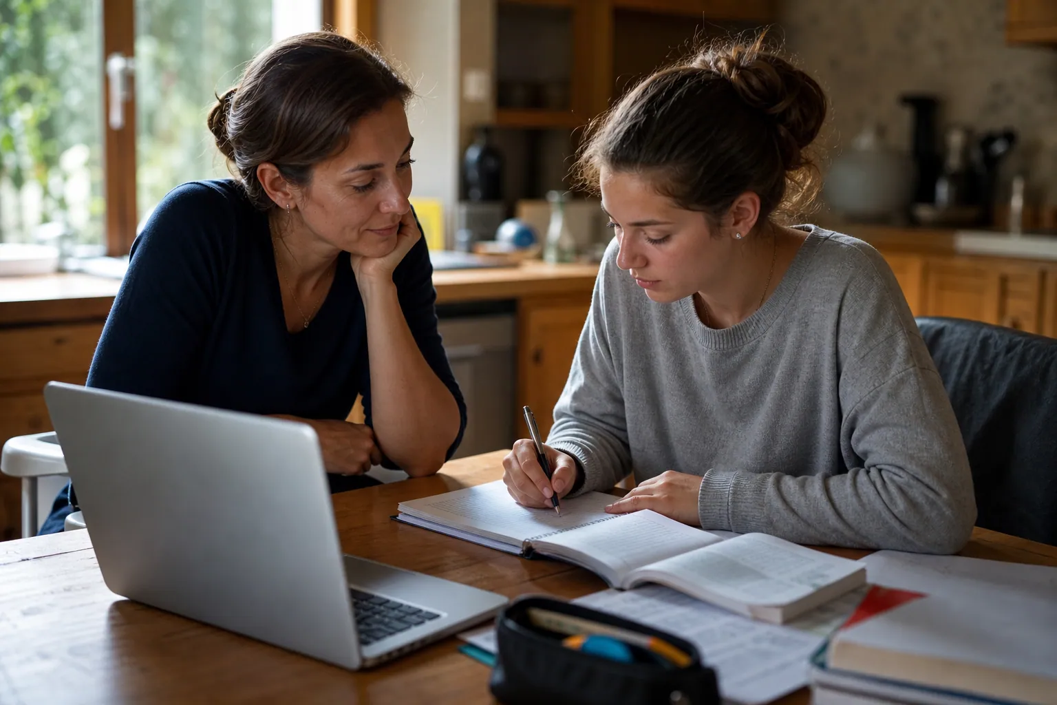 Parent français aidant calmement son ado à réviser pour le bac à table