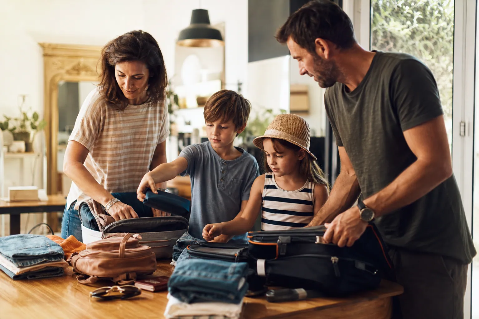 Famille préparant des valises et des papiers avant un voyage à l’étranger avec deux enfants.
