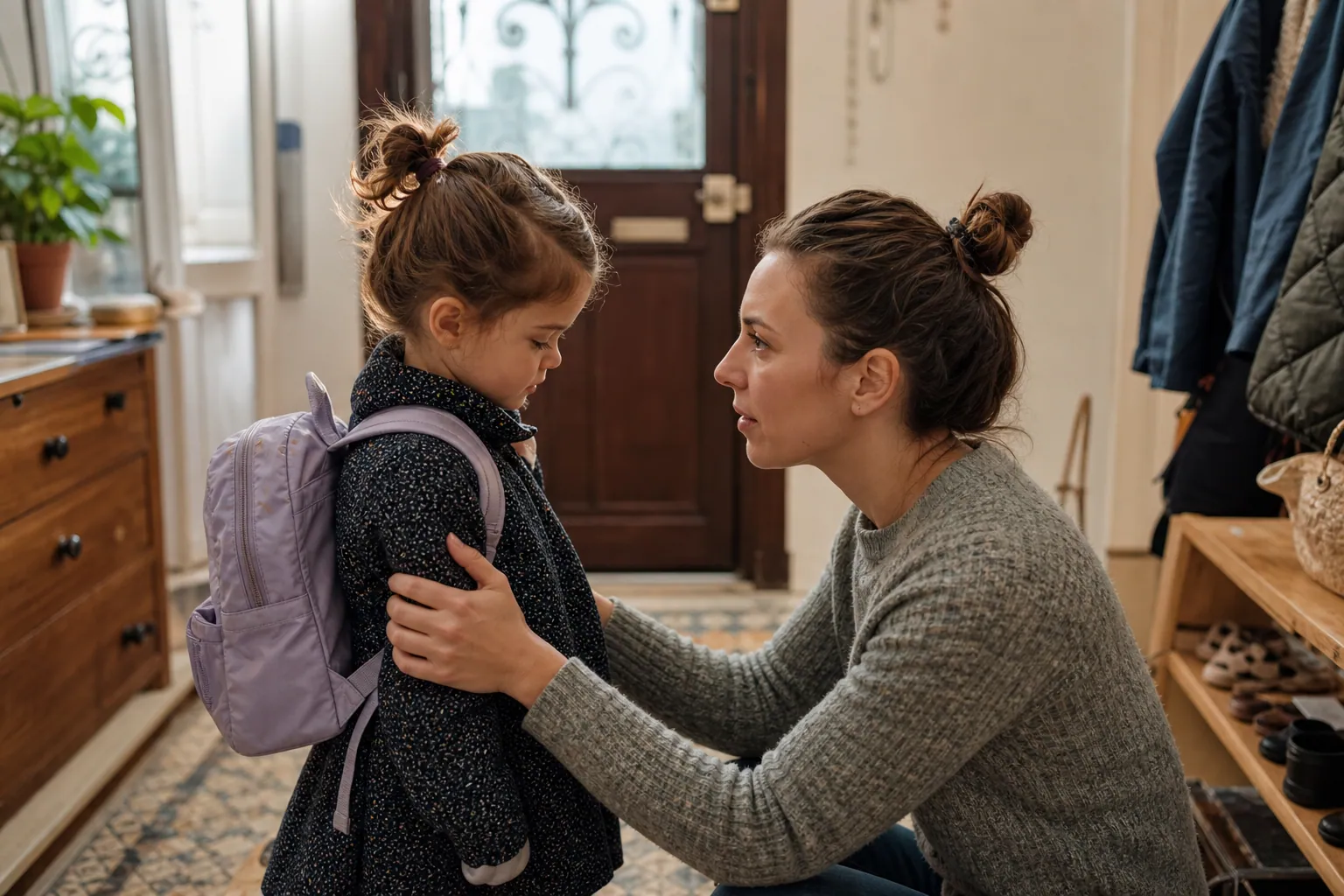 Un parent rassure son enfant devant la porte avant la rentrée en maternelle.