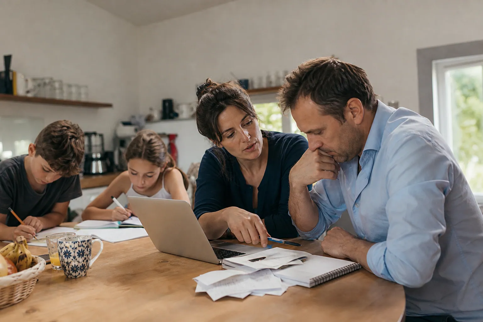Parents français consultent leur budget à la table de cuisine avec deux enfants autour d’eux.
