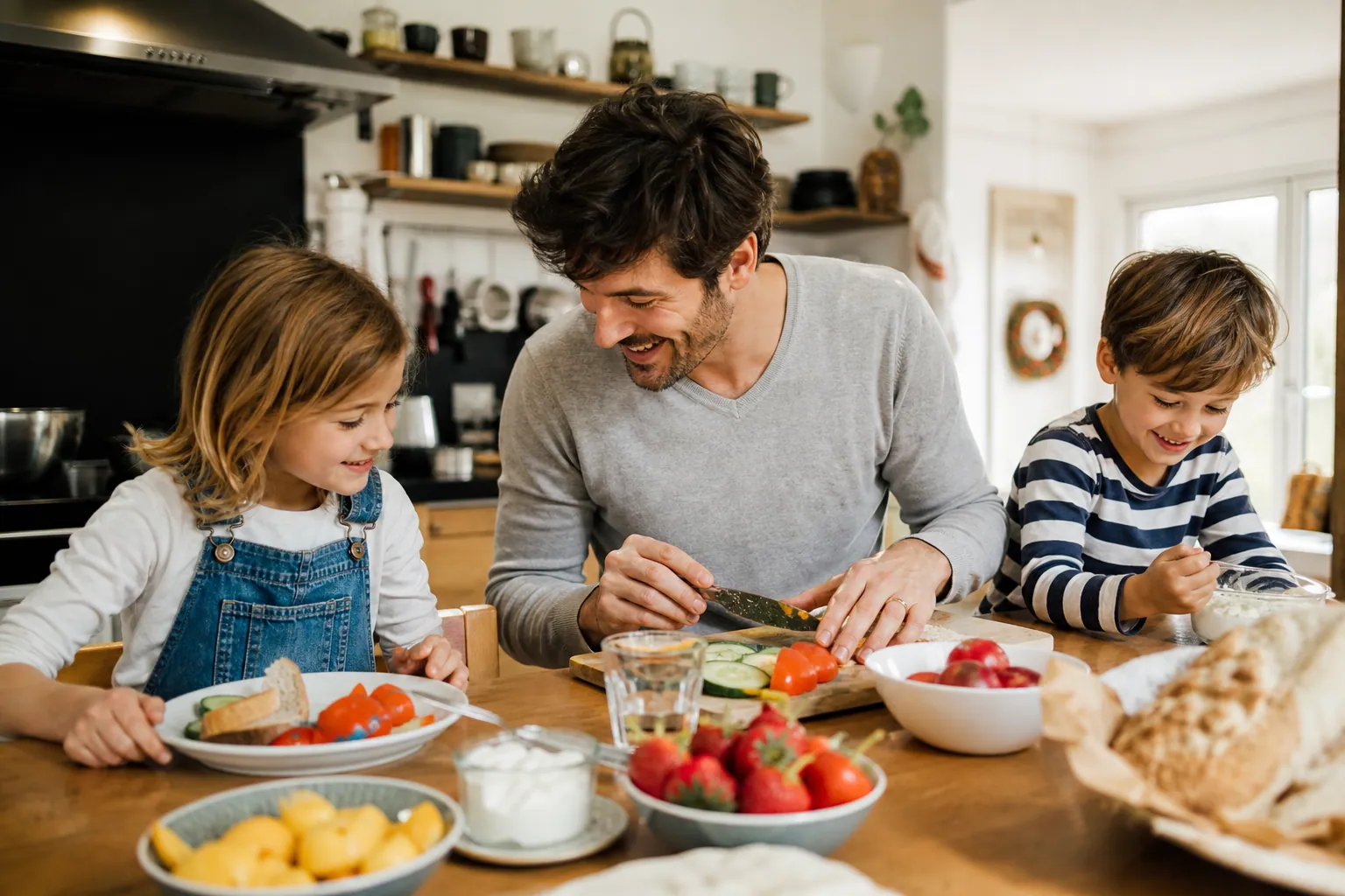 Famille française préparant un repas équilibré avec des aliments frais dans la cuisine