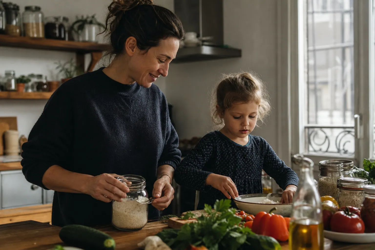 Parent et enfant cuisinant ensemble un repas maison sans allergènes dans une cuisine lumineuse.