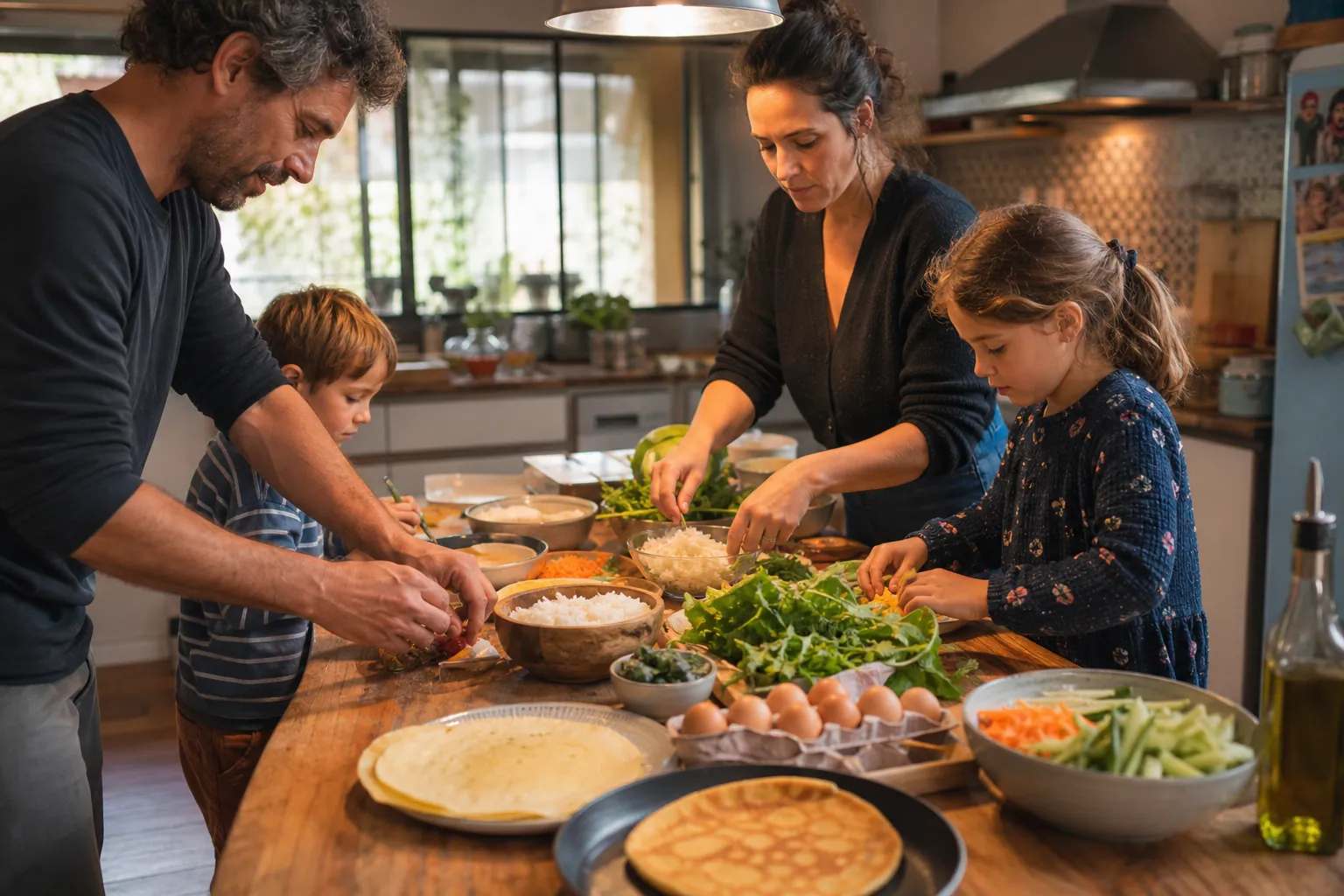Famille préparant un repas sans gluten dans une cuisine chaleureuse