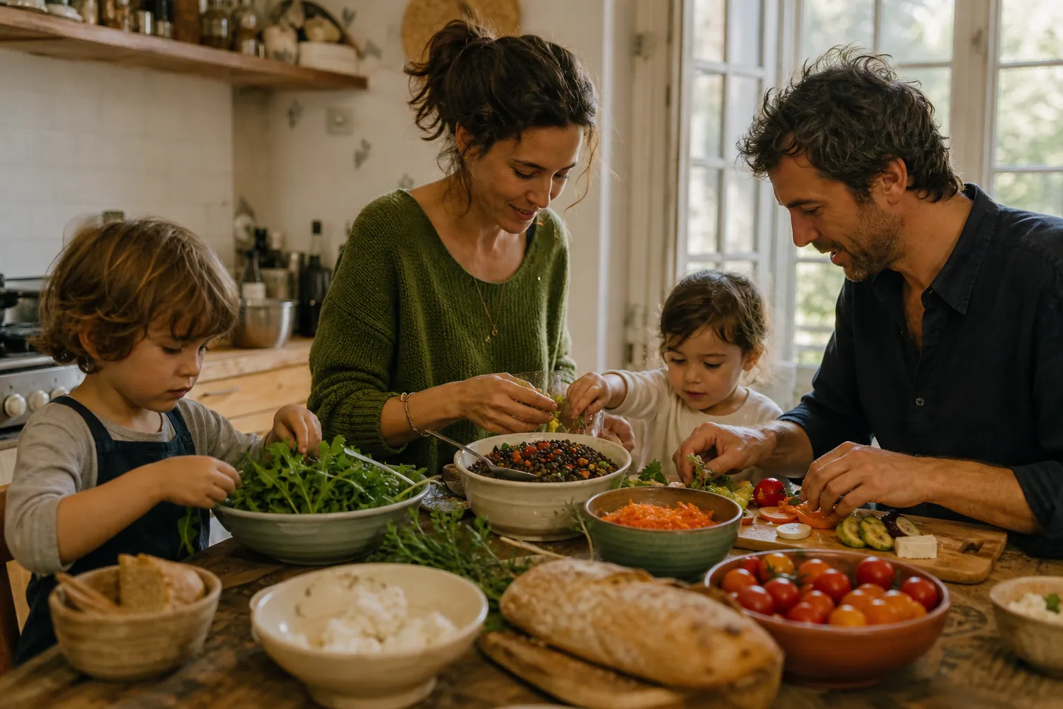 Famille française préparant un dîner végétarien coloré dans une cuisine lumineuse.