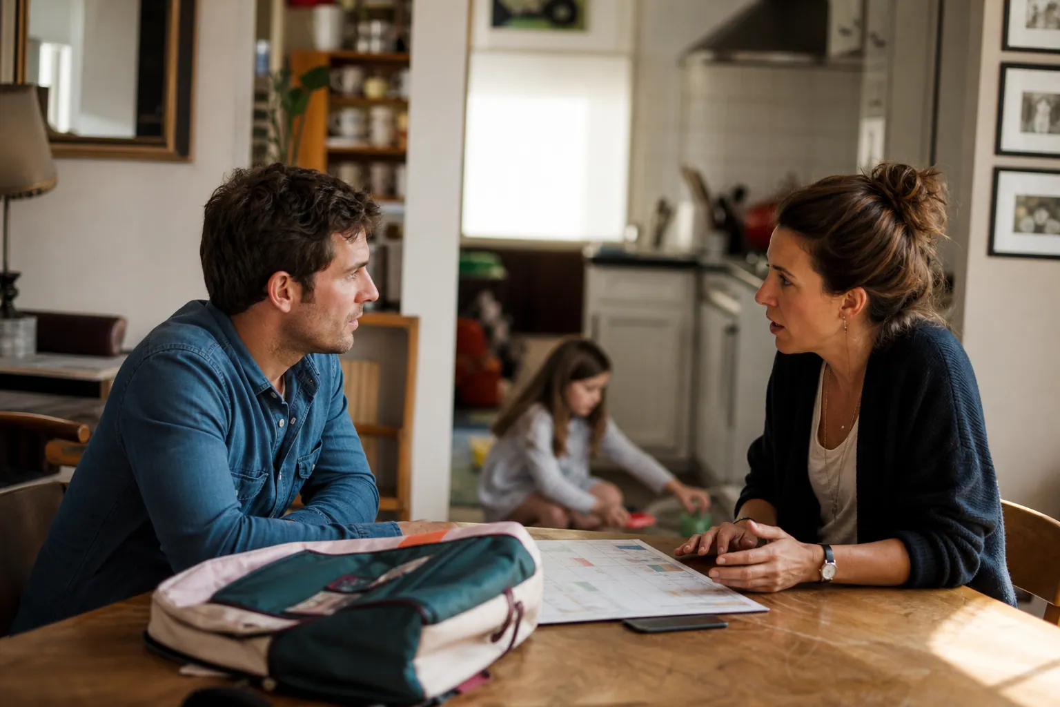 Deux parents séparés discutent calmement d’un calendrier partagé pendant que leur enfant joue à côté.