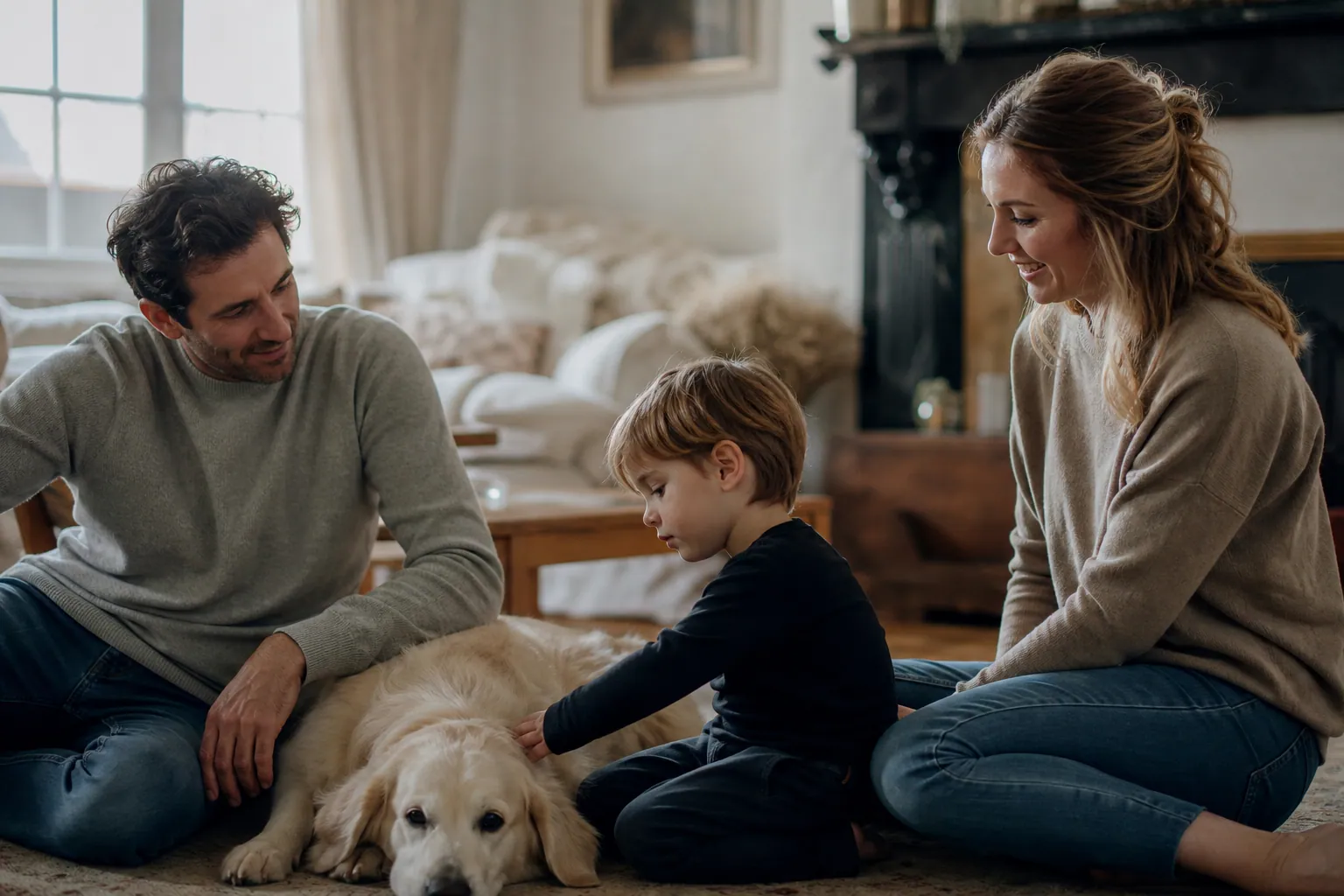 Enfant et chien calmes dans un salon, sous la surveillance d’un parent
