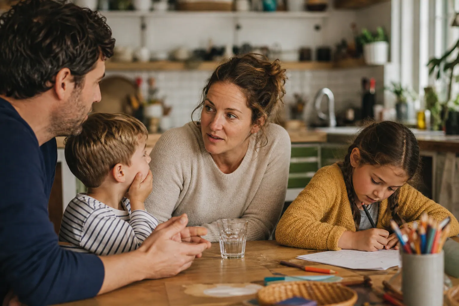 Parents et enfants en échange calme autour de la table familiale, dans une cuisine lumineuse.