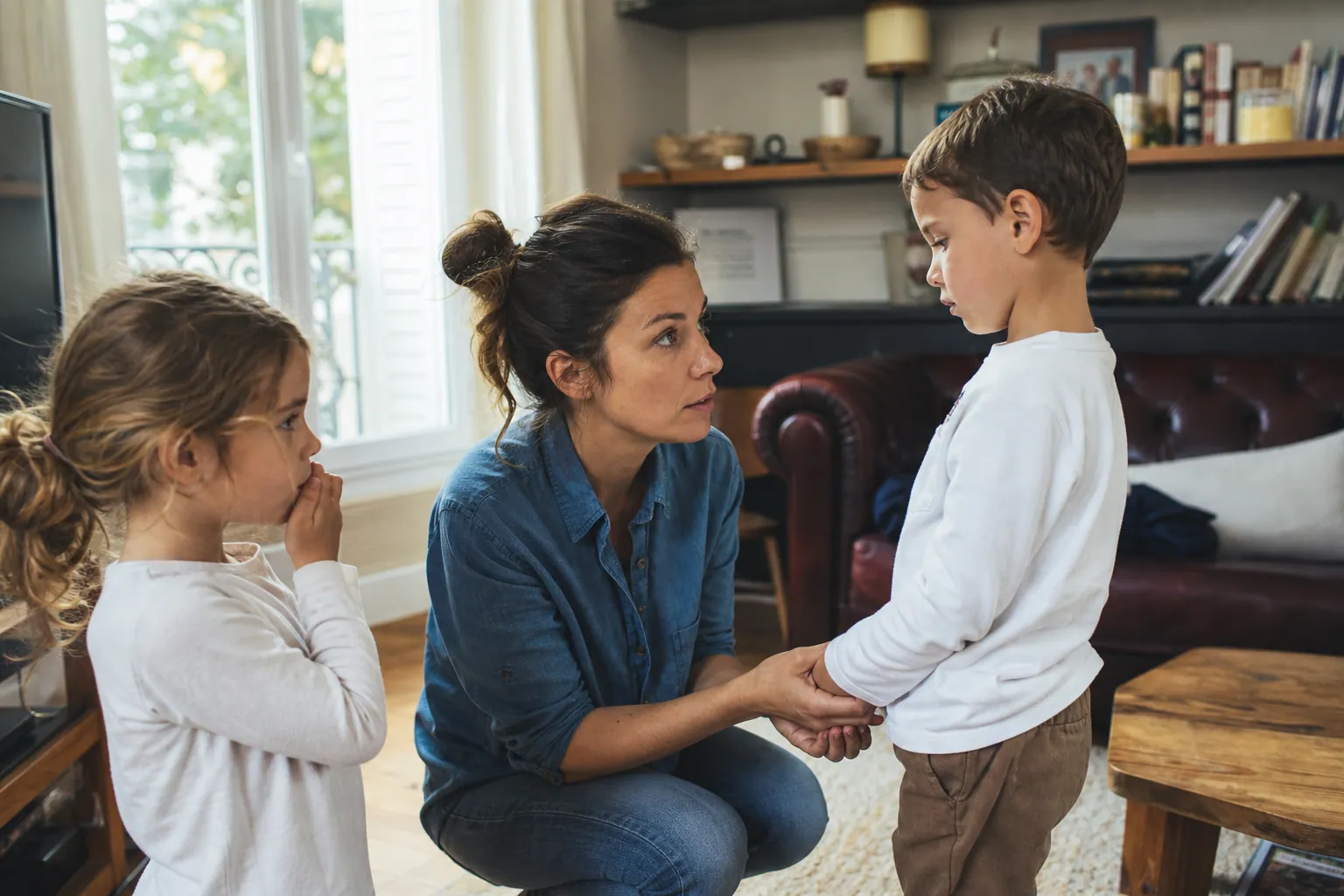 Parent et enfant se parlant calmement dans un salon familial, après une tension