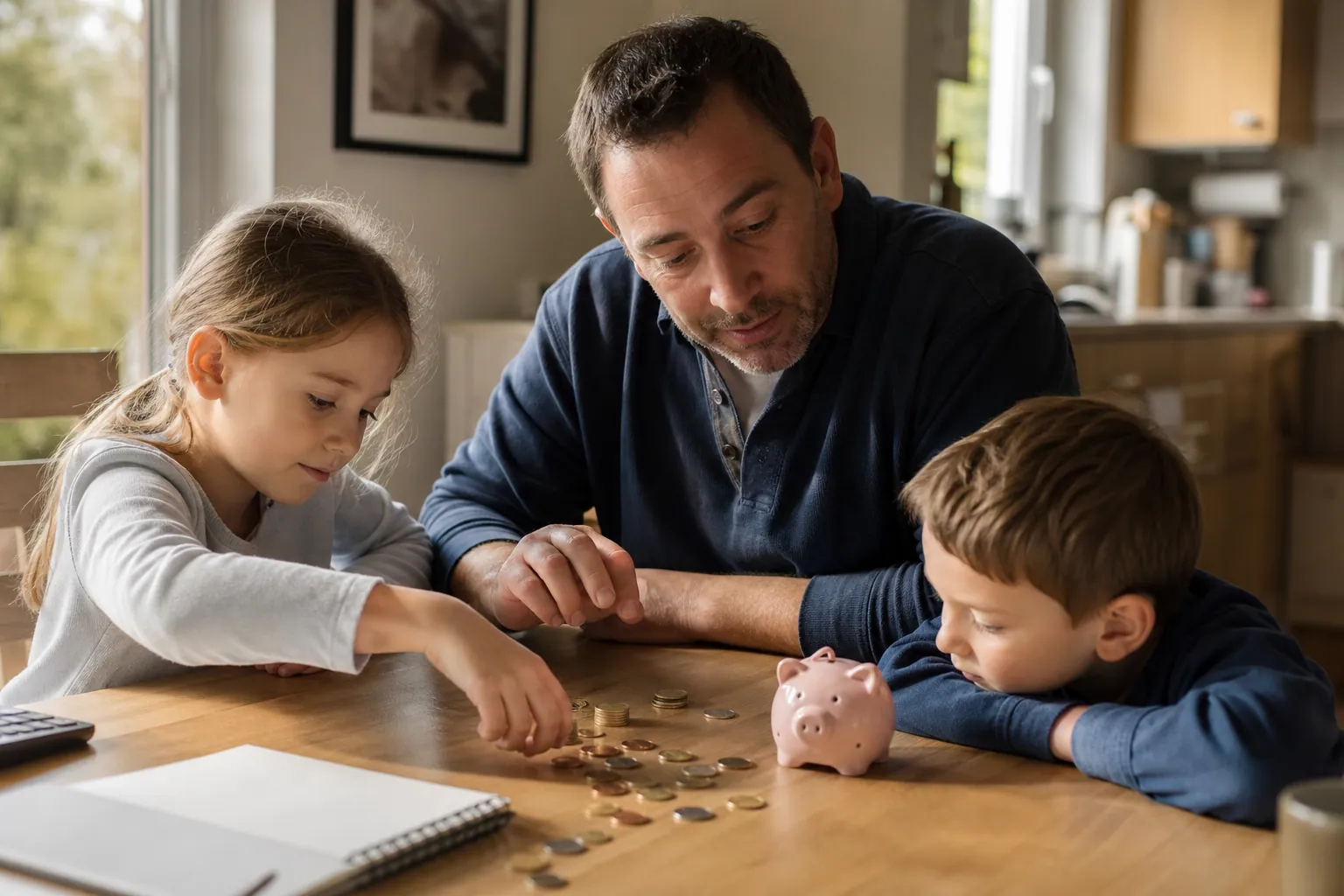 Parent expliquant le budget à deux enfants autour d’une tirelire