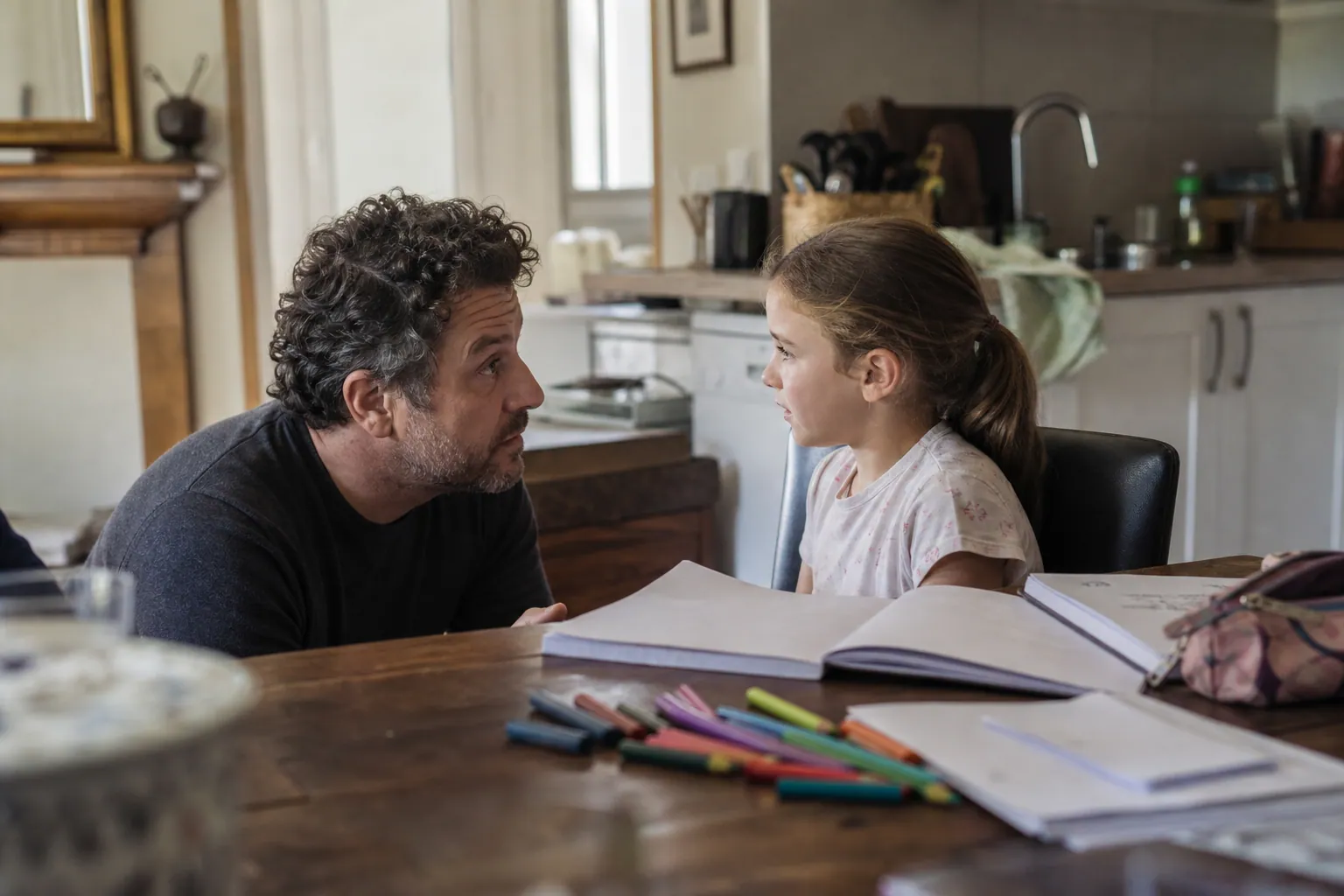 Parent français échangeant calmement avec son enfant autour des devoirs à la maison