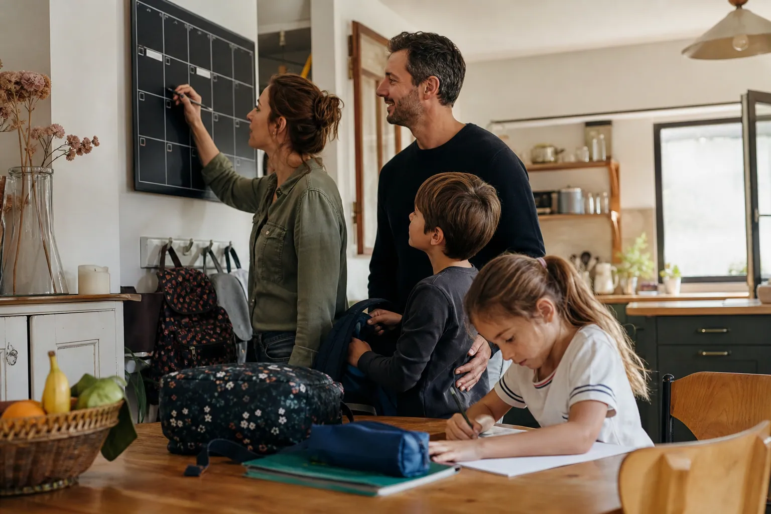 Famille française réunie autour d’un calendrier et des devoirs dans la cuisine