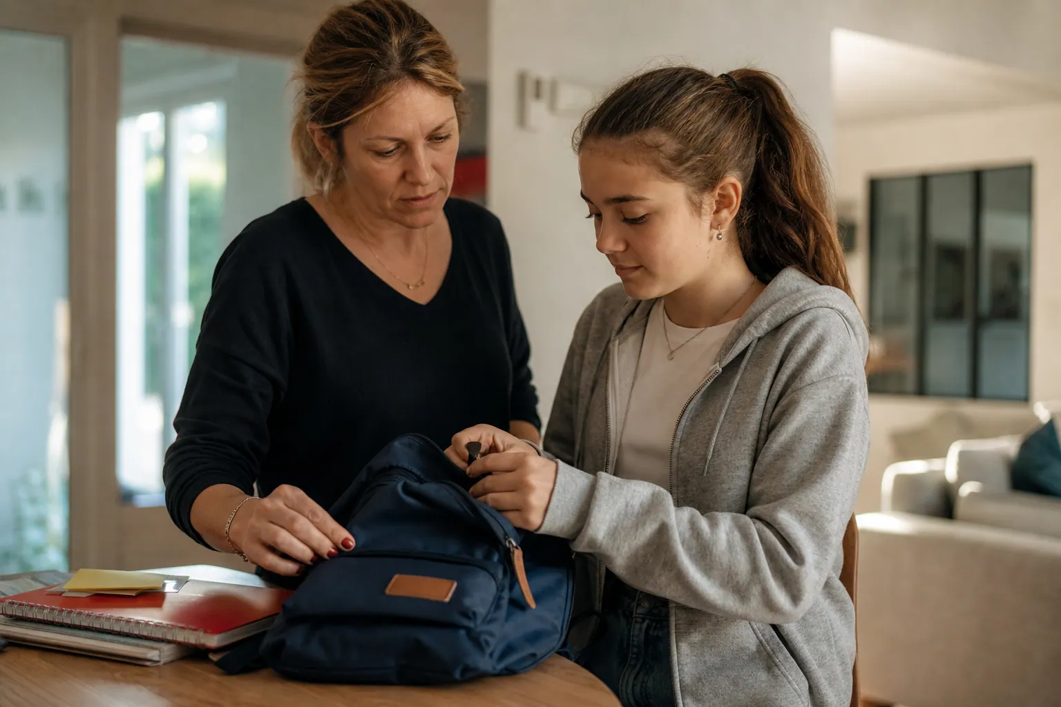 Parent et adolescent préparant la rentrée au lycée autour d’un sac et de cahiers.
