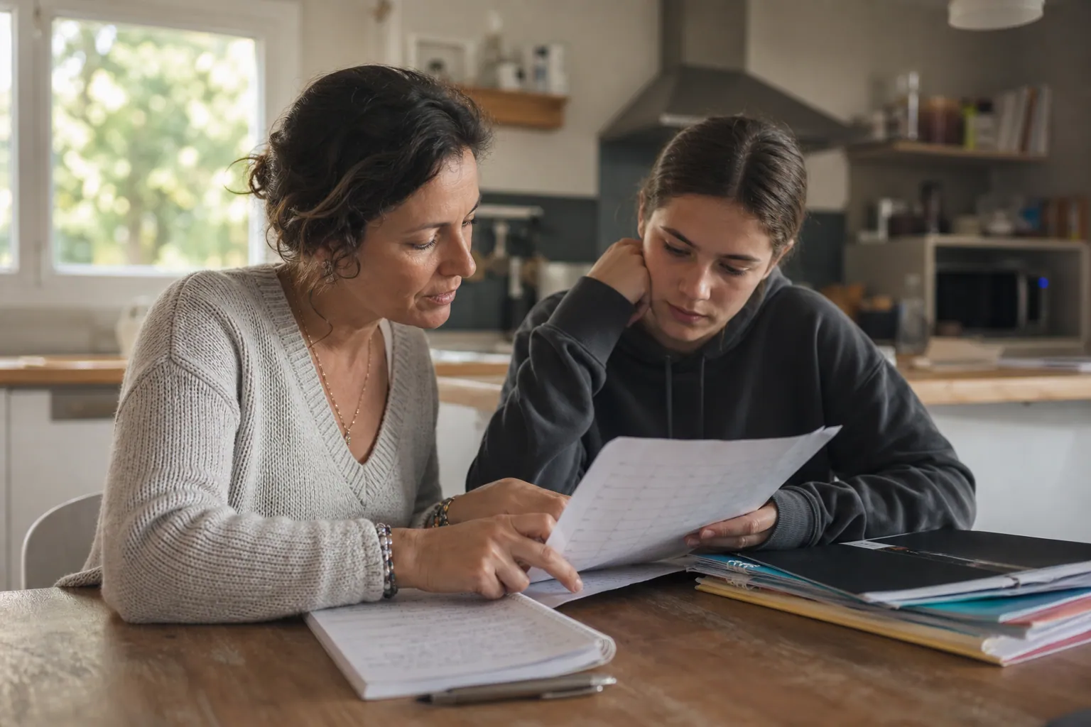 Parent et adolescent préparant ensemble la rentrée au lycée autour d'un planning