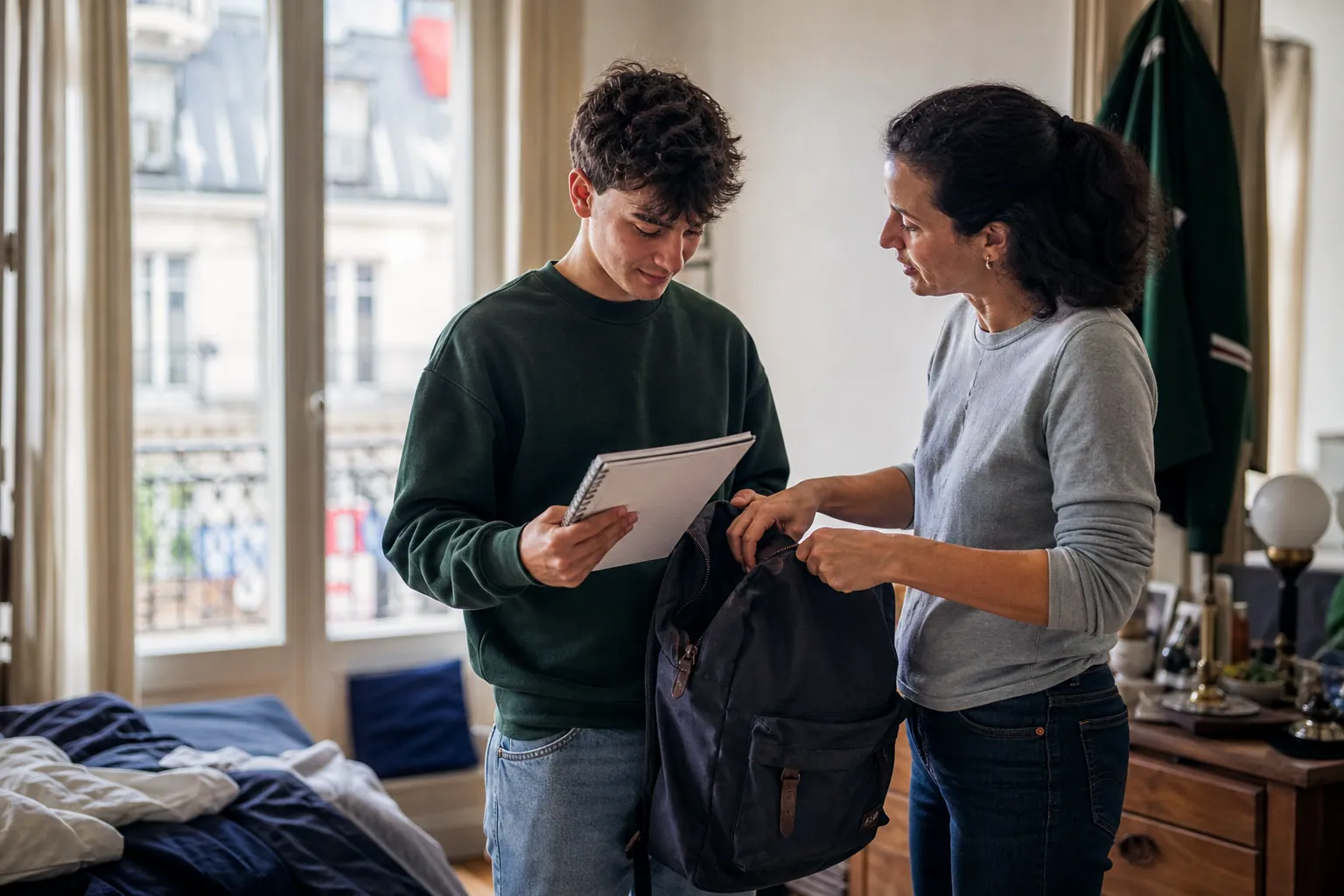 Parent aidant un étudiant à préparer sa rentrée universitaire dans une ambiance sereine