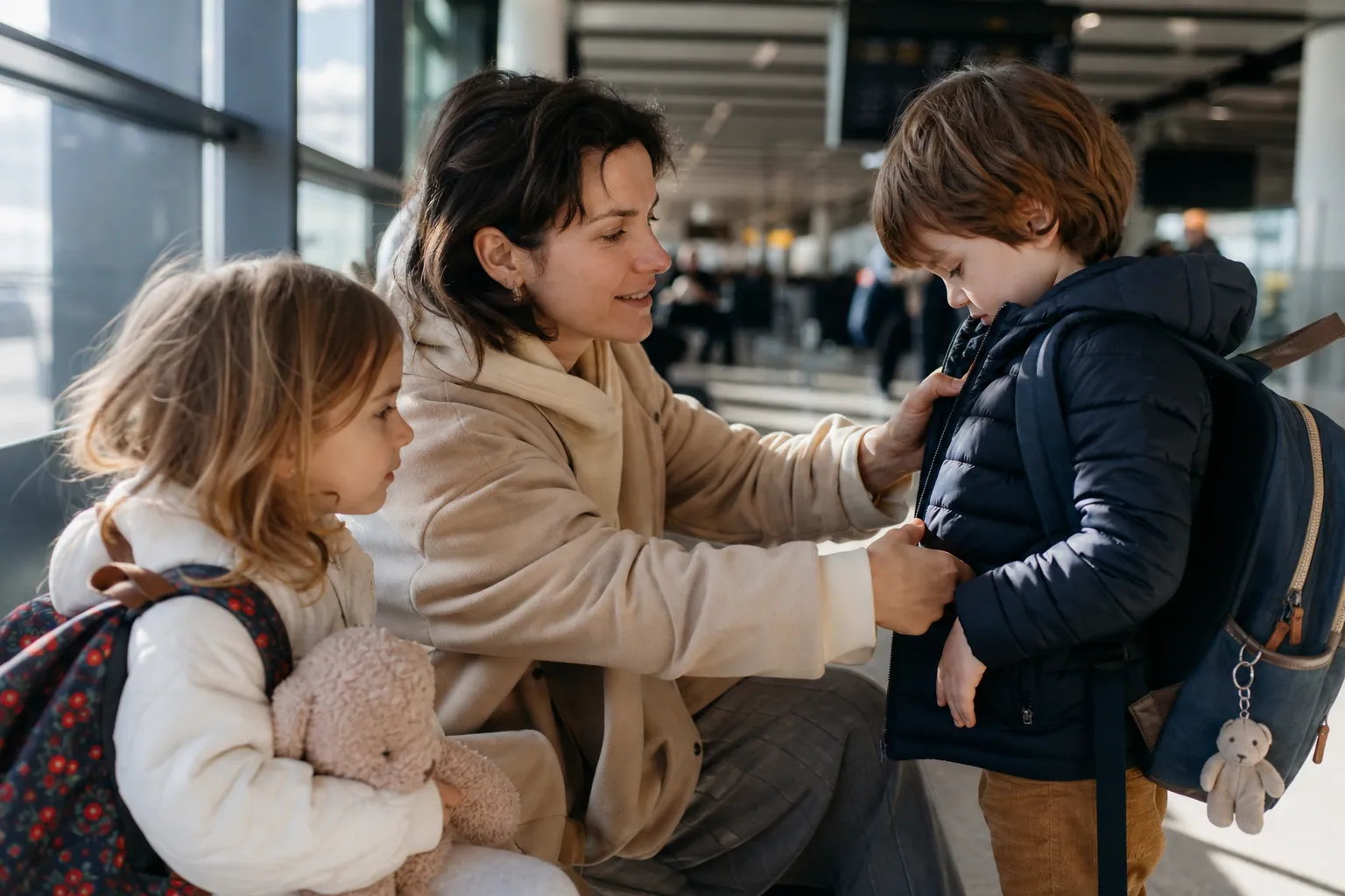 Parent et enfants prêts à embarquer à l’aéroport, ambiance familiale rassurante