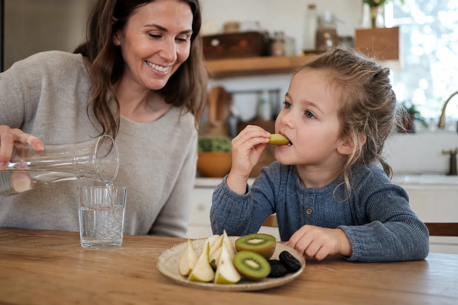 Un enfant mange des tranches de poire et de kiwi à table, pendant qu'un parent lui sert un verre d'eau.