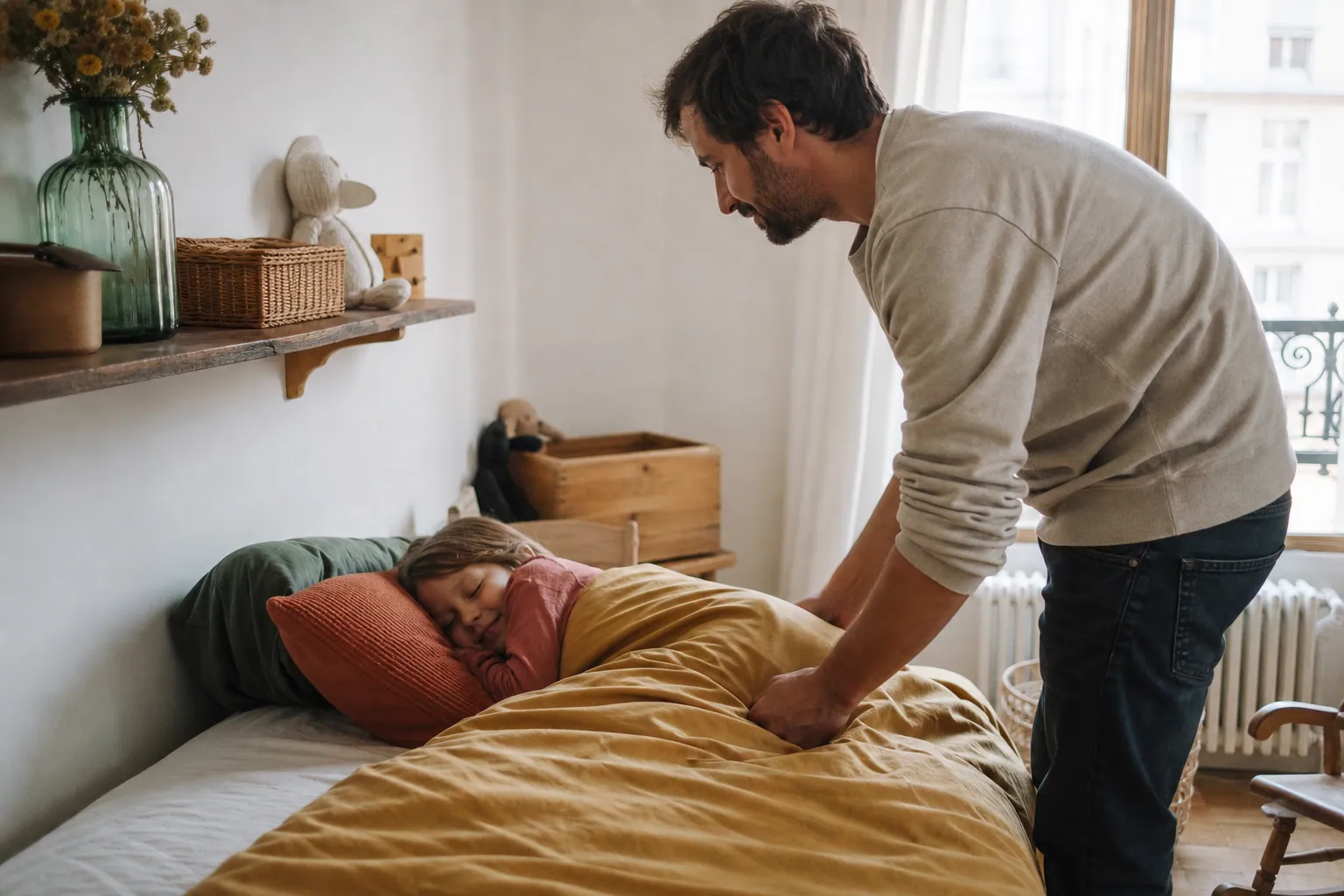 Parent ajustant une couette dans une chambre d’enfant lumineuse et chaleureuse.