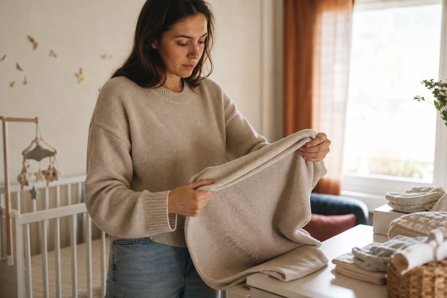 Parent choisissant une couverture douce près du lit de bébé