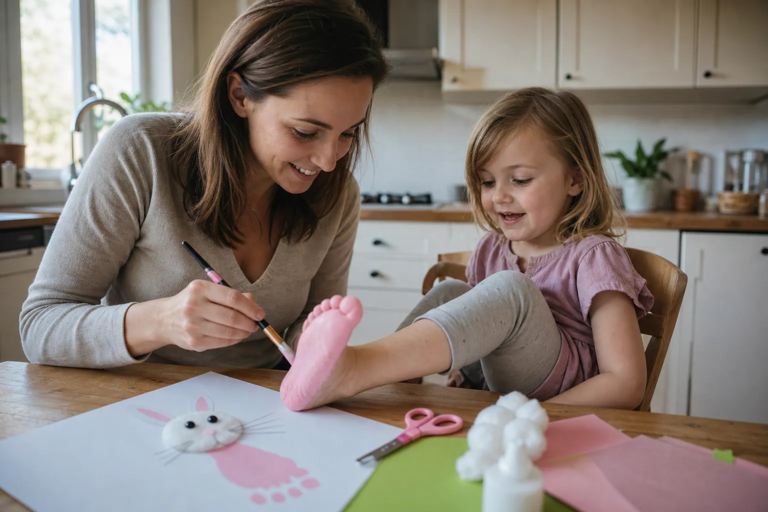 Parent et enfant réalisant un lapin de Pâques avec une empreinte de pied