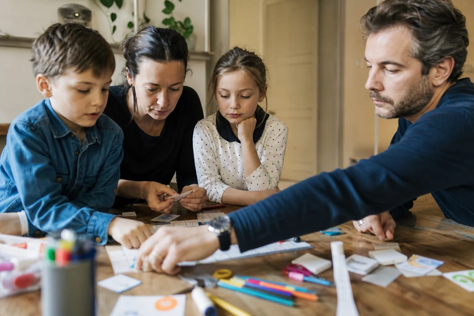 Famille française créant un jeu de société maison autour de la table