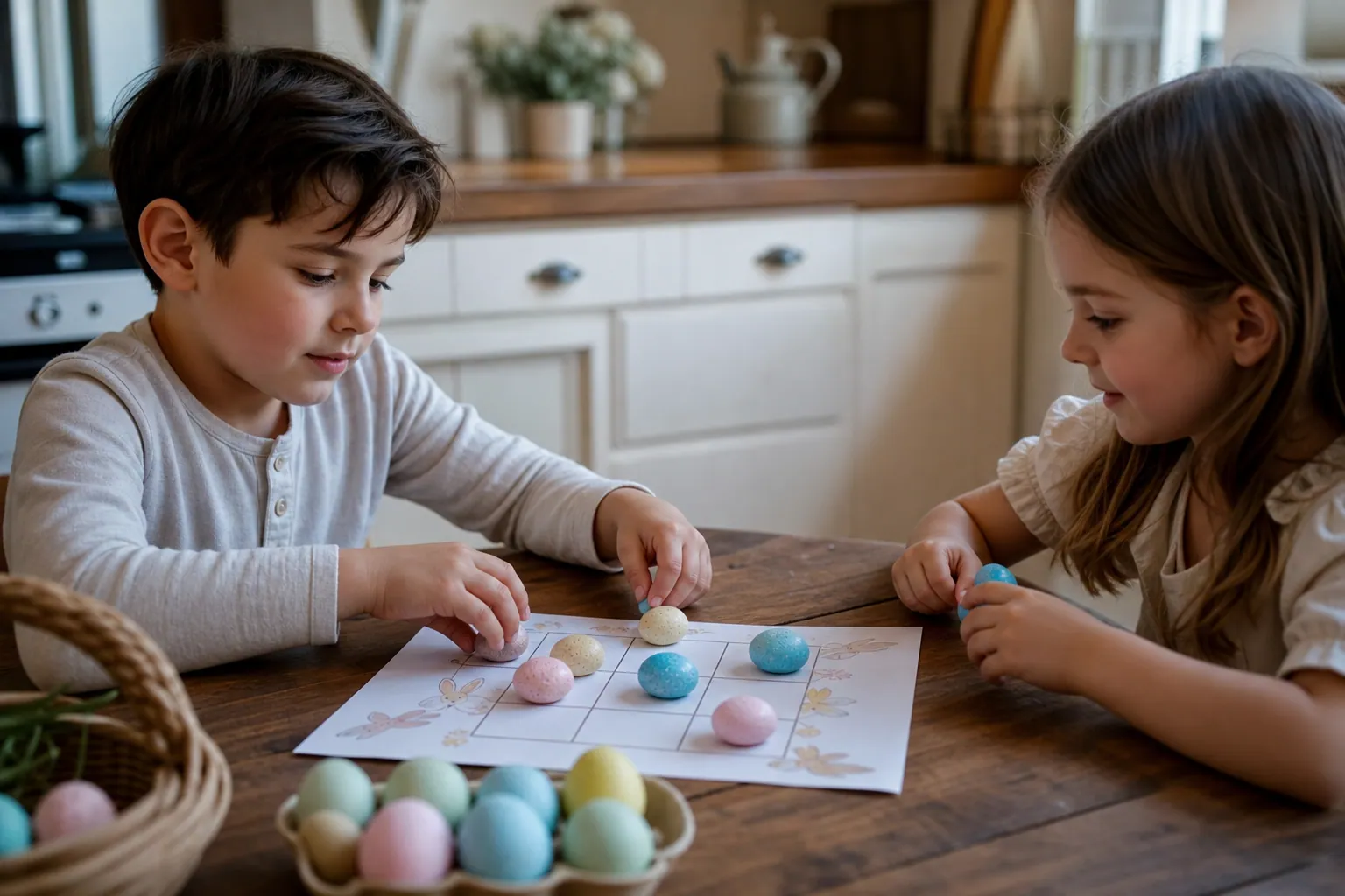 Deux enfants jouent au morpion de Pâques imprimable à la maison, dans une ambiance chaleureuse.