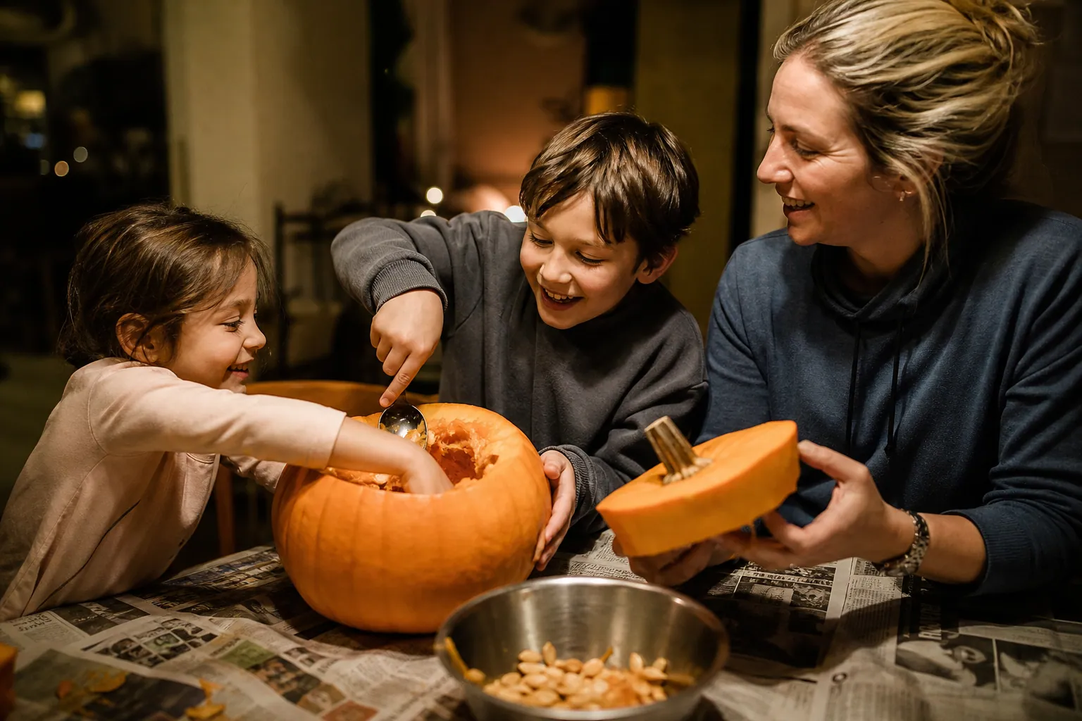 Deux enfants vident une grosse citrouille avec des cuillères et leurs mains, aidés par un parent qui tient le couvercle.