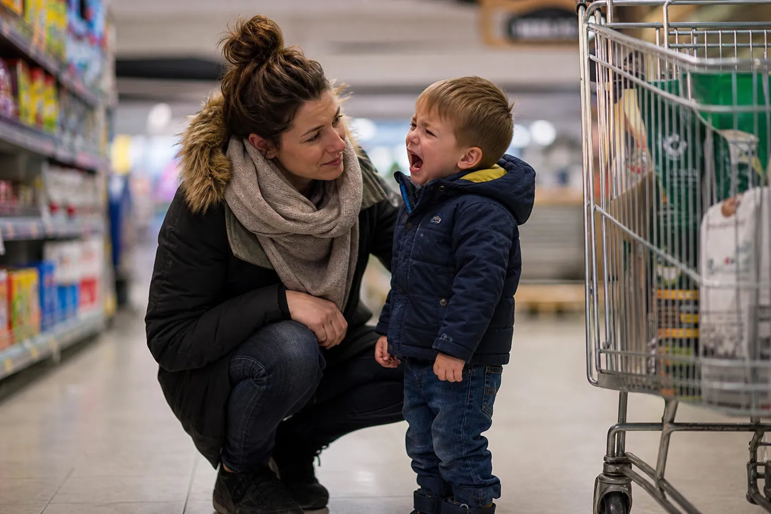 Un parent accroupi calme son jeune enfant en pleine crise de colère dans une allée de supermarché.