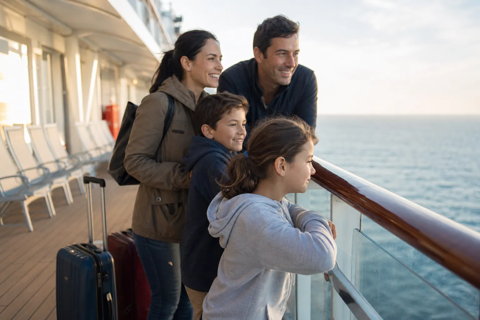 Famille avec deux enfants sur le pont d’un paquebot, au départ d’une croisière.