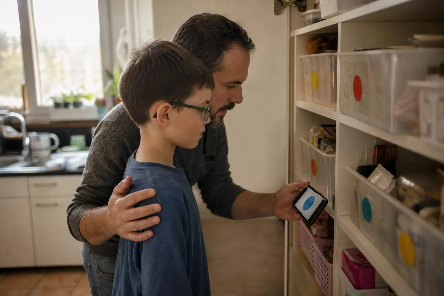 Parent aidant un enfant daltonien à repérer des couleurs avec un smartphone.