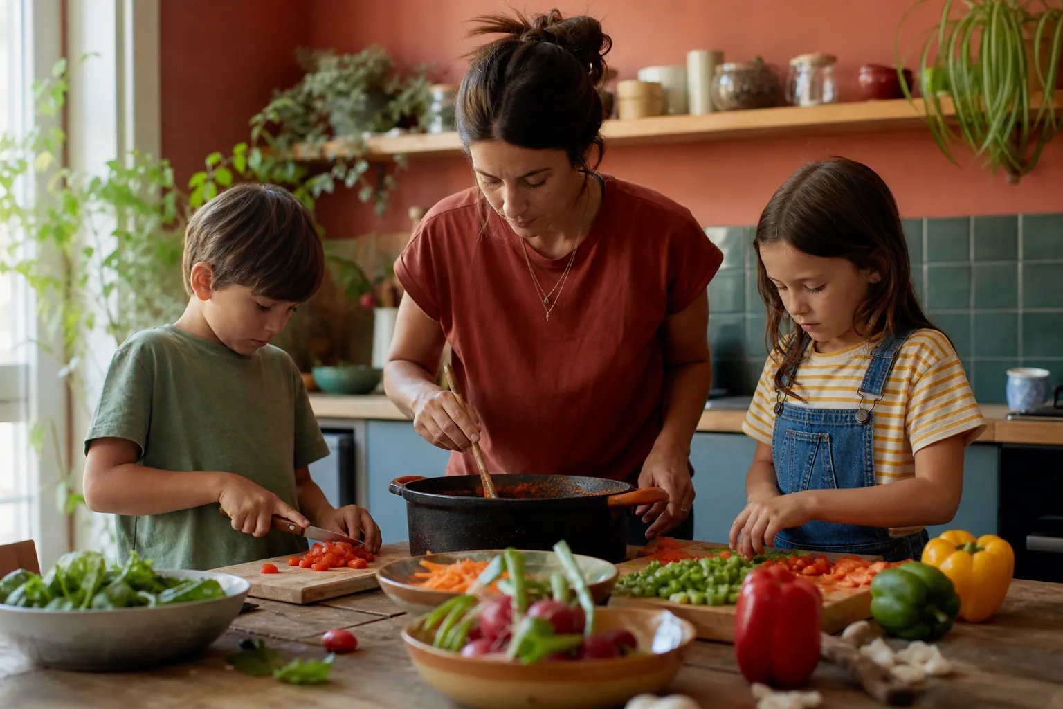 Famille en cuisine préparant un dîner végétarien coloré
