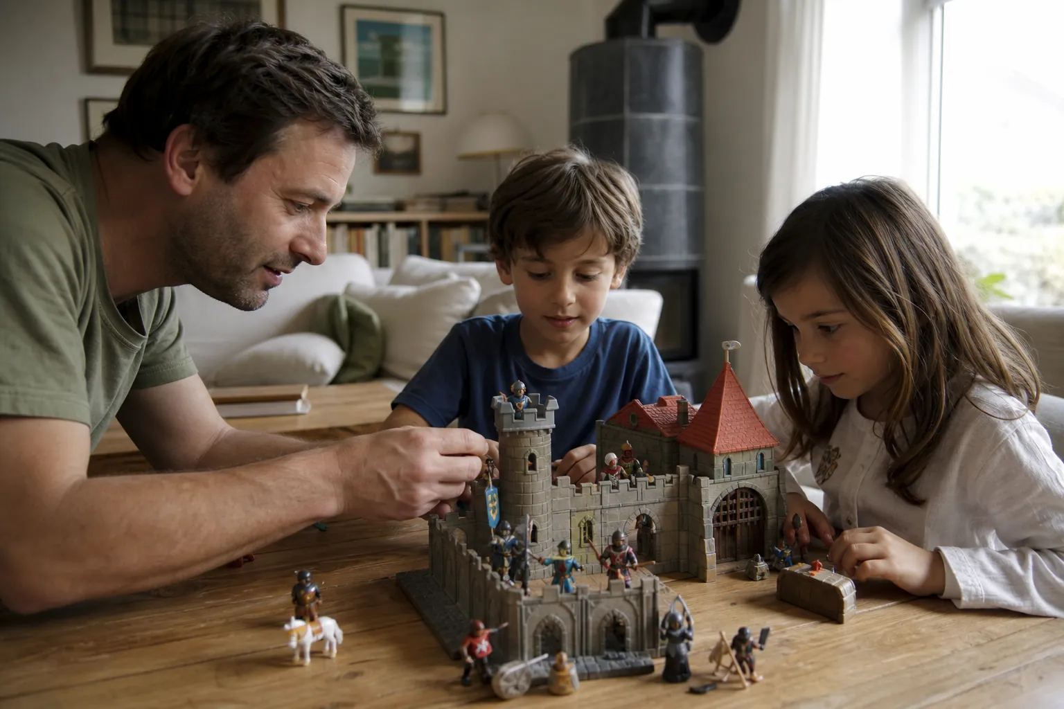 Parent et enfants jouant avec un château Playmobil pour raconter l’histoire