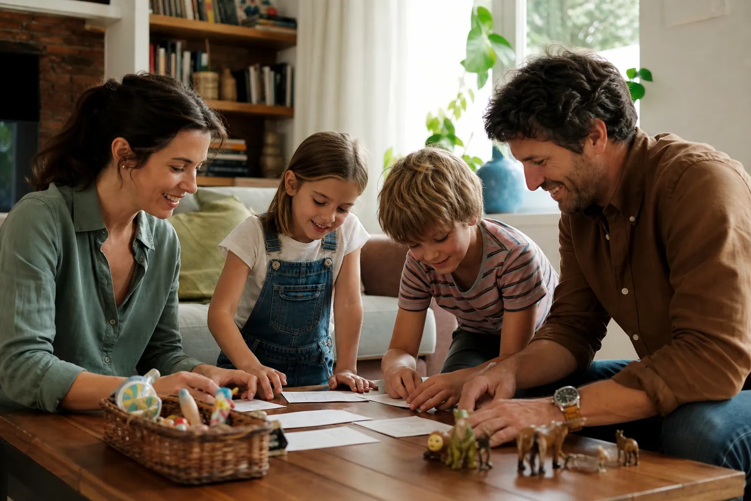 Famille française préparant une chasse au trésor avec des indices sur une table