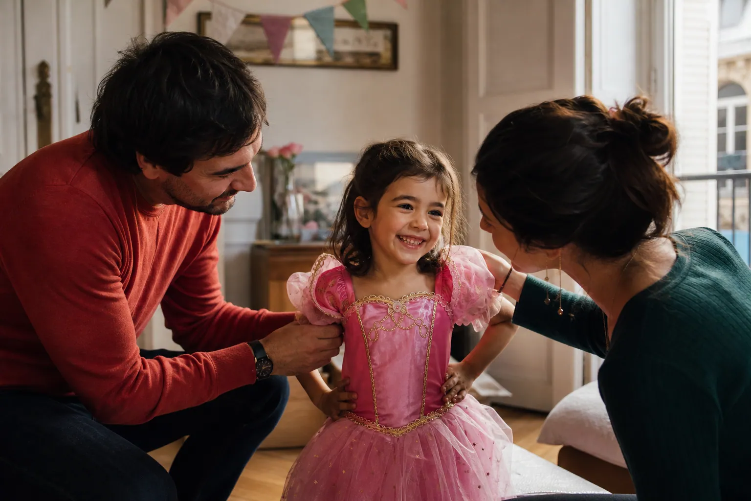 Un enfant en costume se prépare pour son anniversaire avec ses parents dans un salon lumineux.