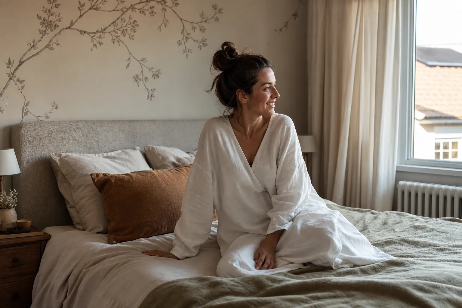 Chambre parentale cosy avec un sticker mural discret au-dessus du lit