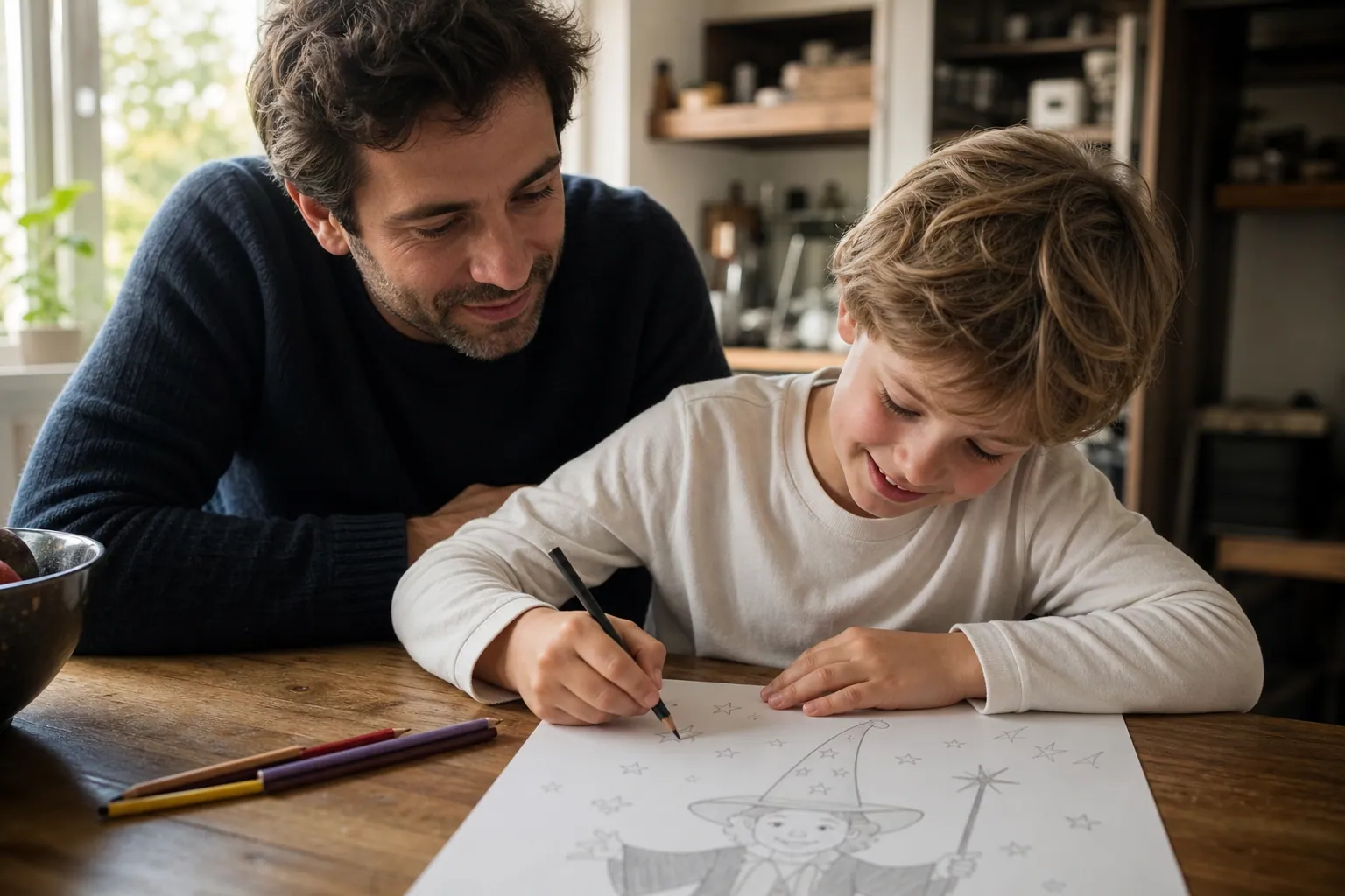 Enfant dessinant un magicien avec chapeau et baguette, accompagné d’un parent à la maison.