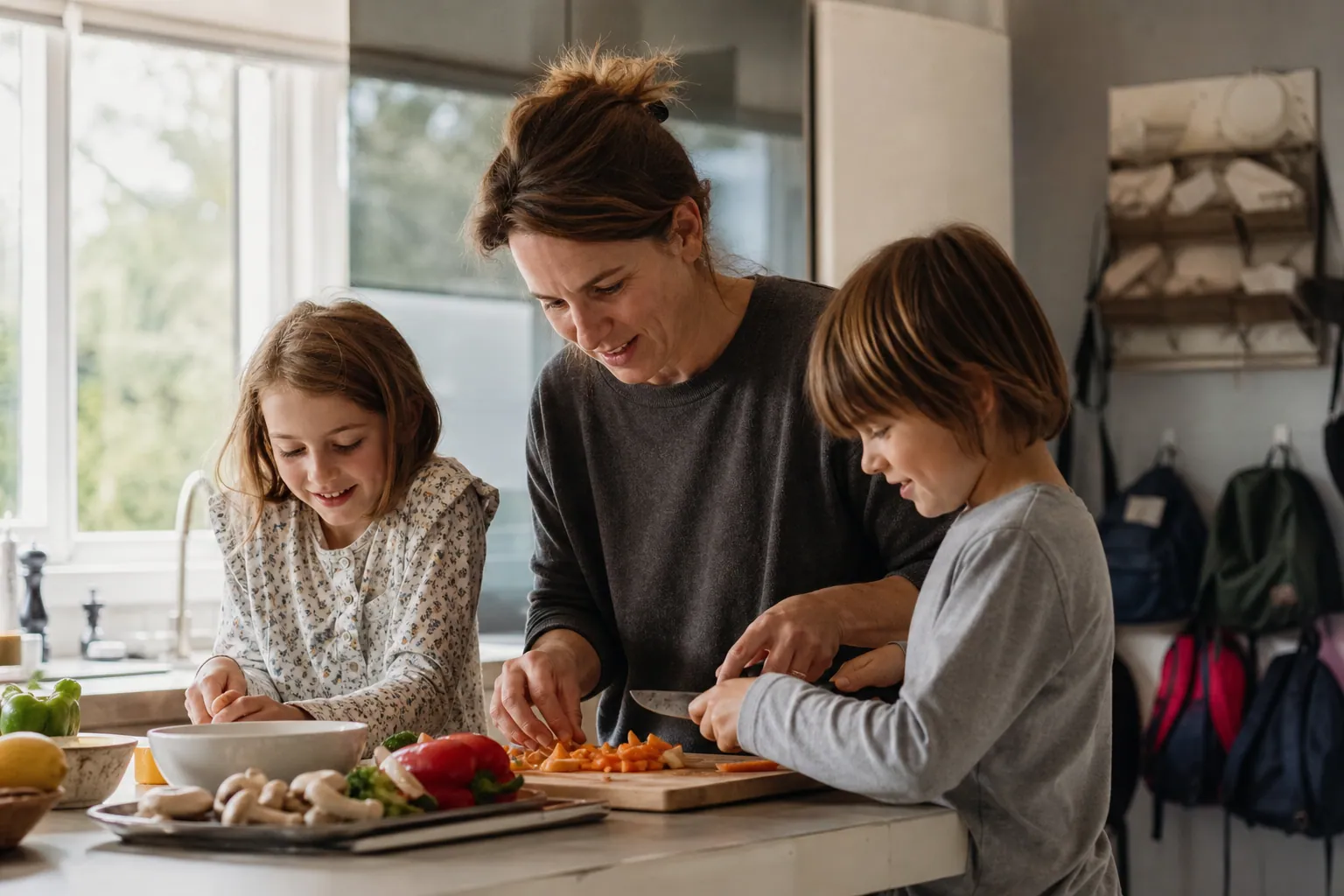 Une mère organise le quotidien avec ses enfants dans une cuisine familiale chaleureuse.