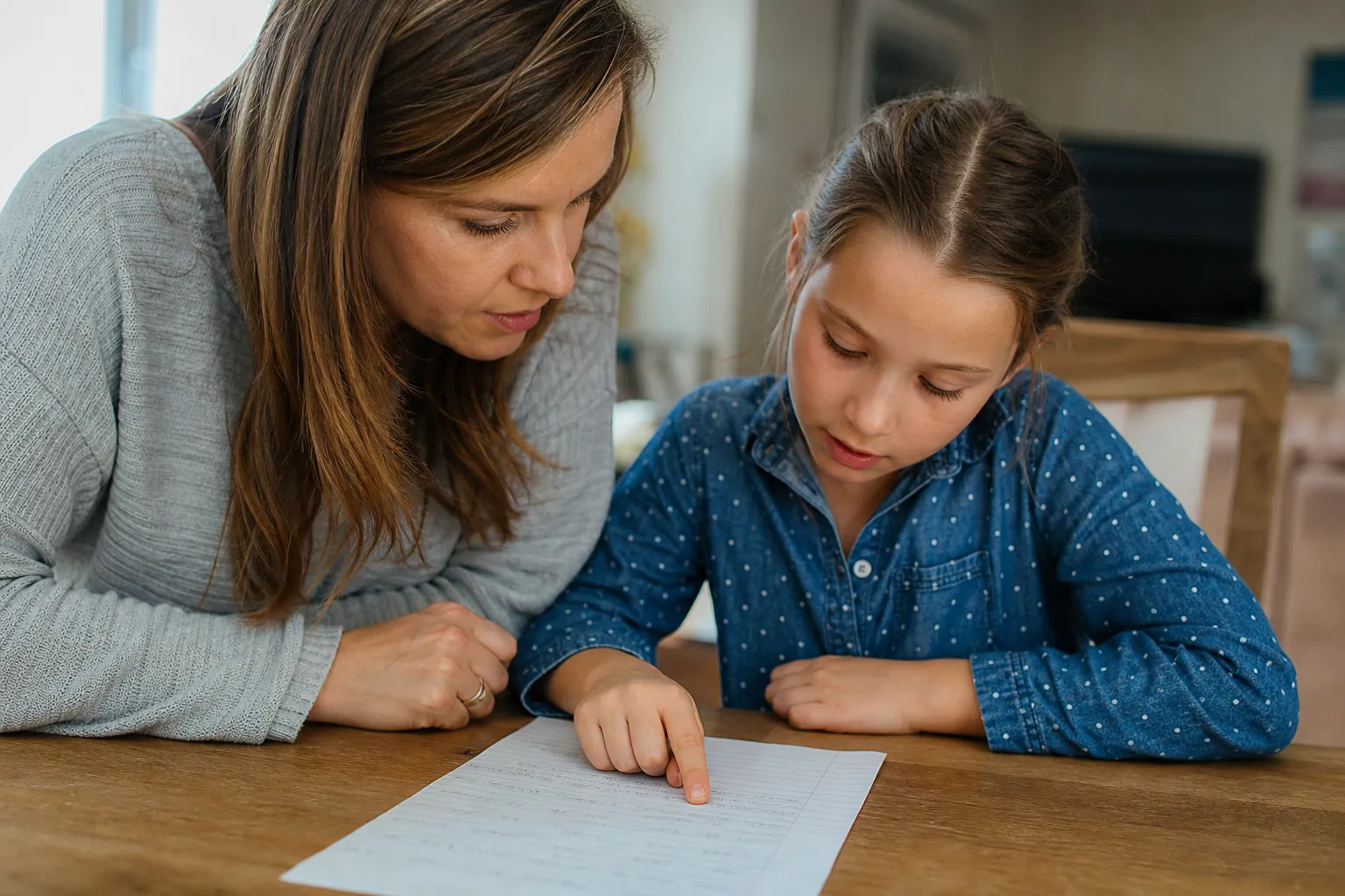 Un parent et son enfant relisent ensemble une dictée écrite à la main.