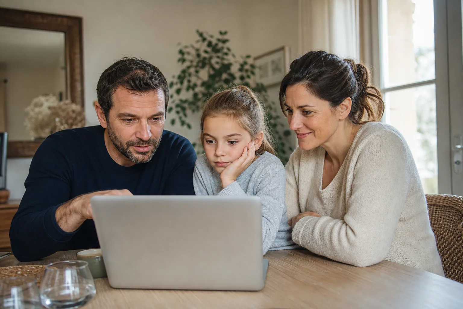 Famille française regardant un ordinateur portable à la maison, en pleine comparaison de Windows.