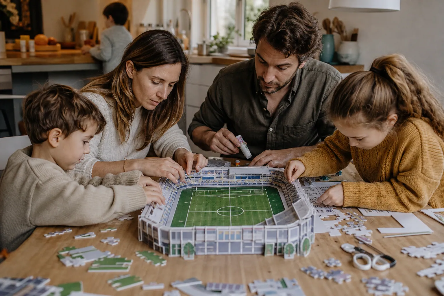 Famille bricolant un puzzle 3D de stade de foot en carton autour d'une table