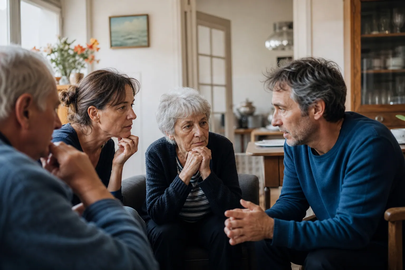 Famille française discutant avec un parent âgé de son avenir en toute bienveillance
