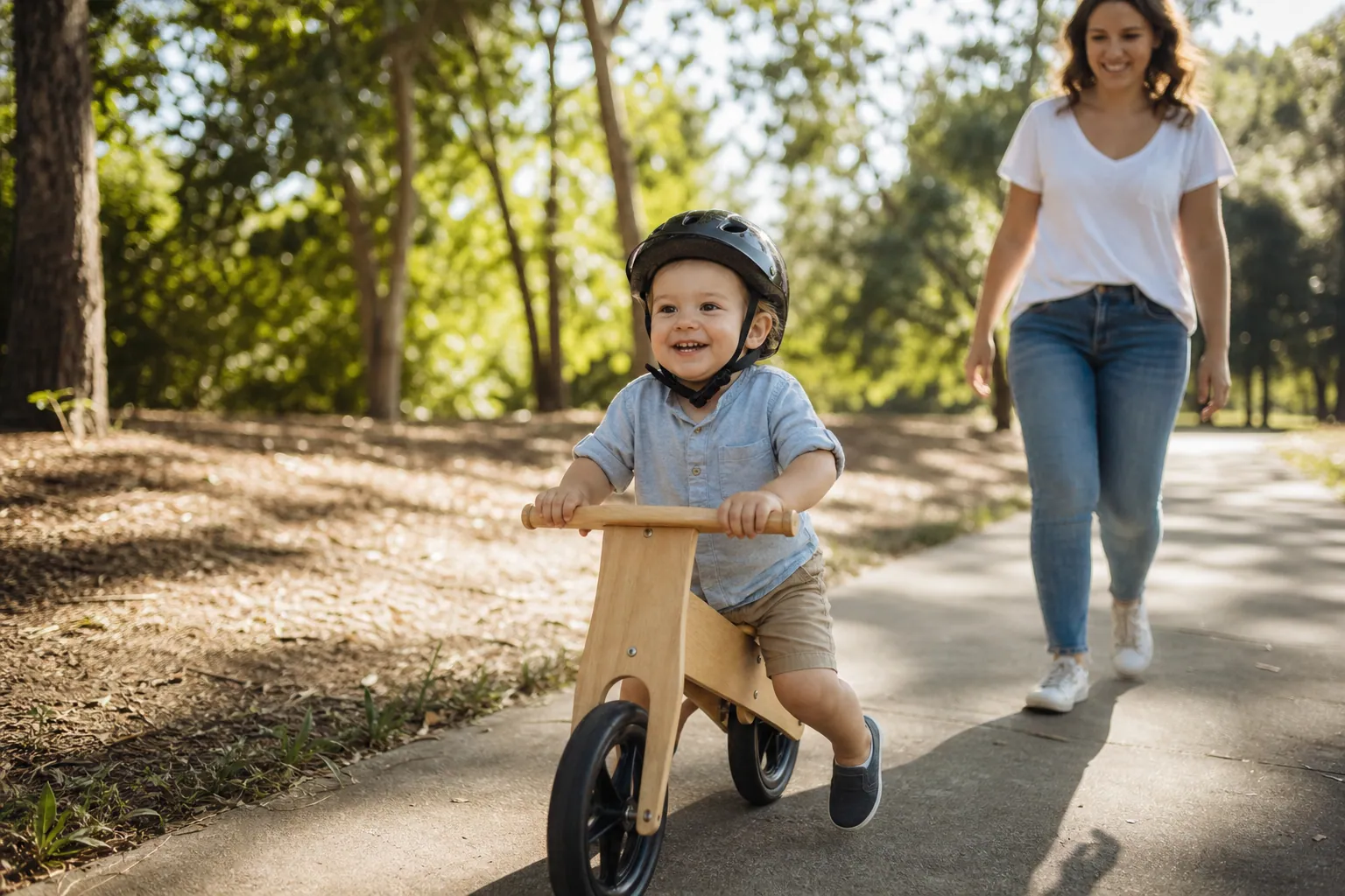 Jeune enfant casqué filant sur sa draisienne dans une allée de parc, son parent juste derrière.