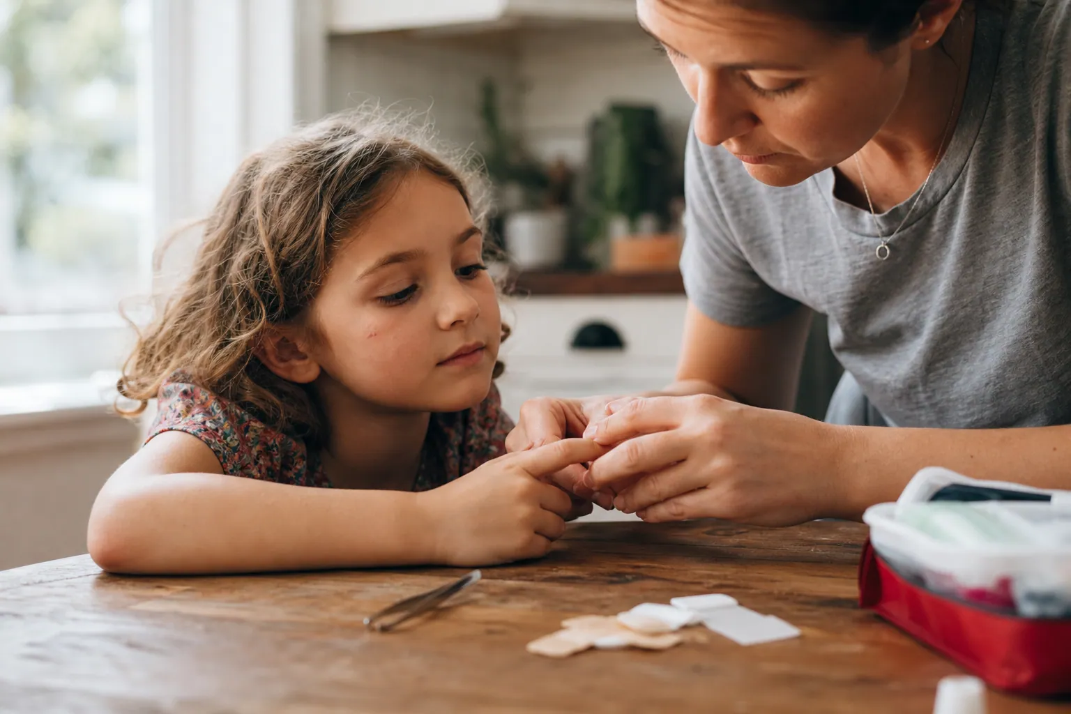 Un parent examine délicatement le bout du doigt de son enfant près d'une trousse de secours sur une table en bois.
