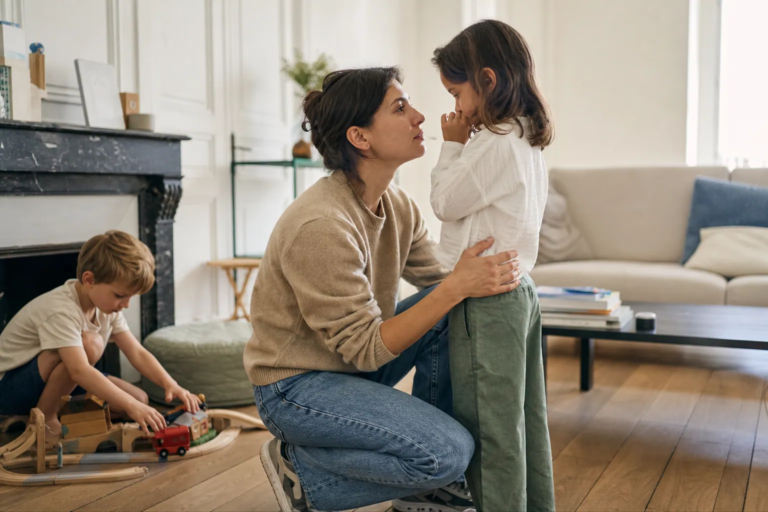 Parent français à hauteur d’enfant, dans un échange calme et bienveillant à la maison.