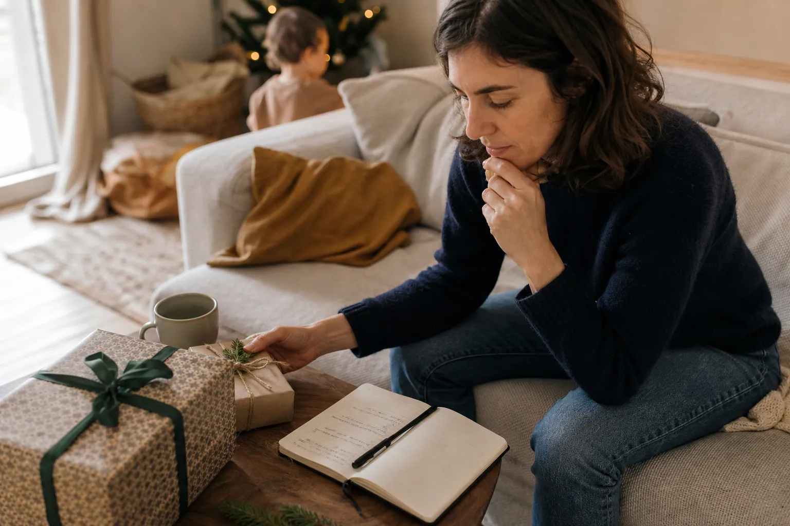 Un parent choisit un cadeau original à la maison, dans une ambiance chaleureuse.