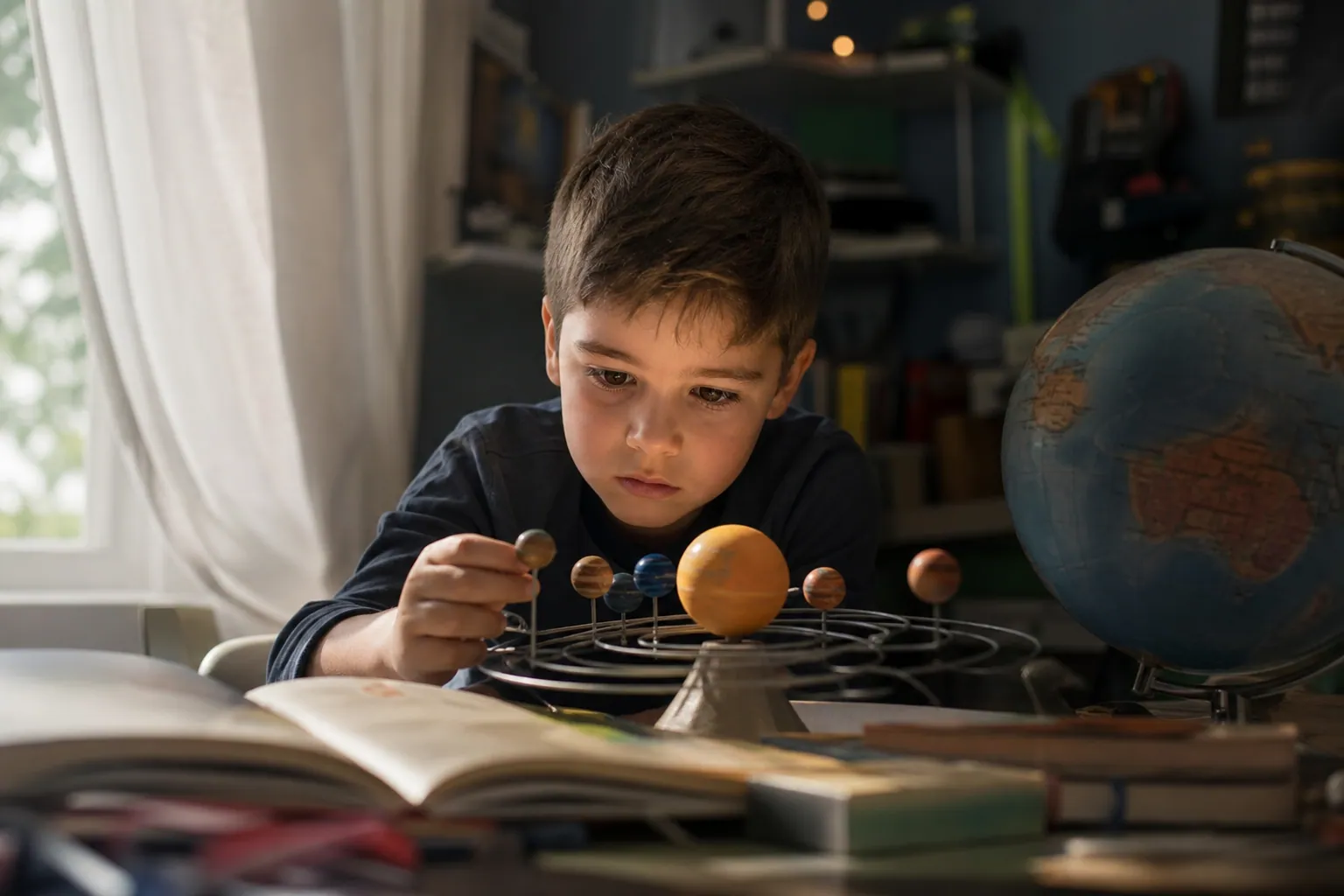 Enfant concentré et pensif, entouré de livres et d'un petit modèle du système solaire sur son bureau.