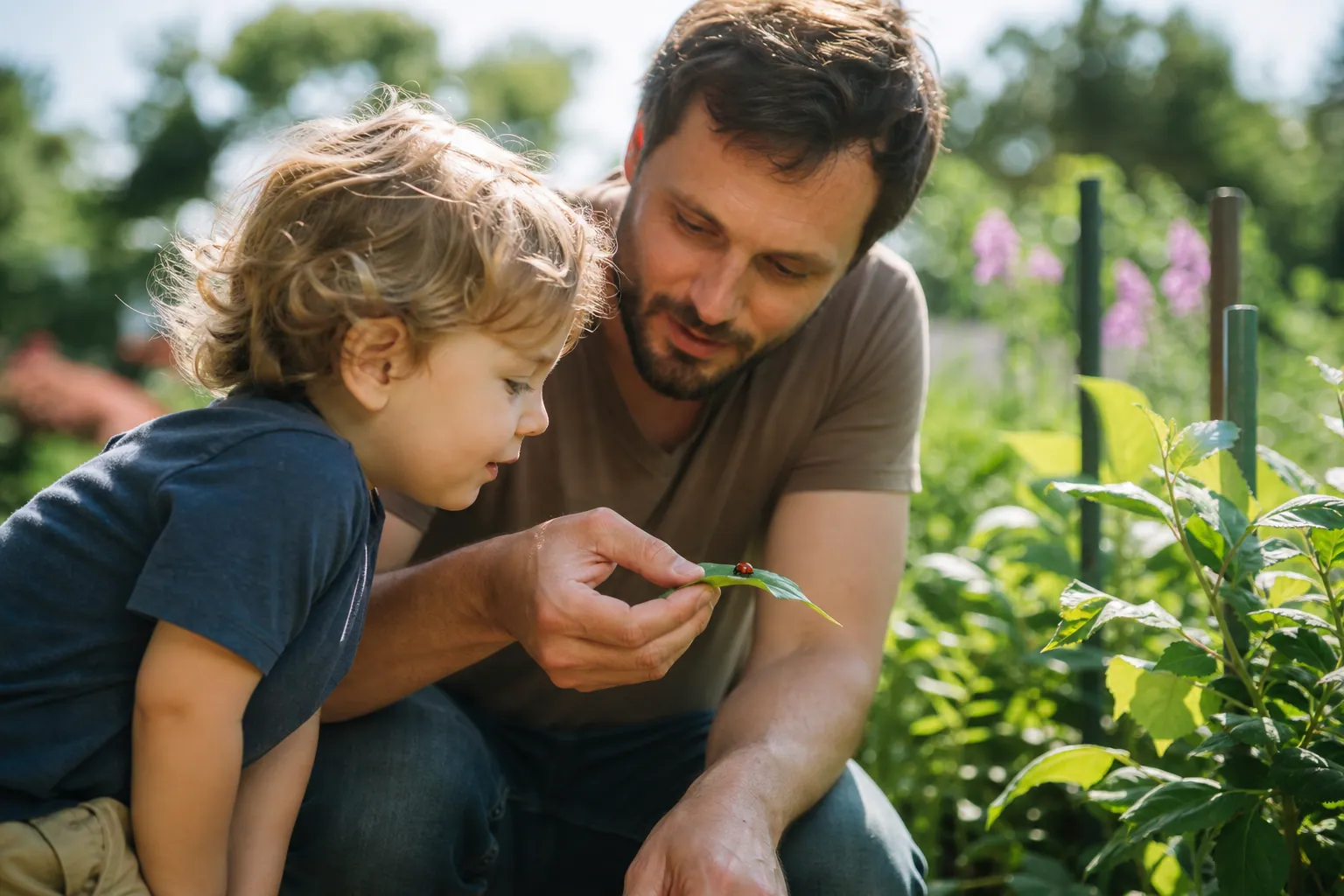 Un père rassure son enfant en observant calmement une coccinelle sur une feuille au jardin.