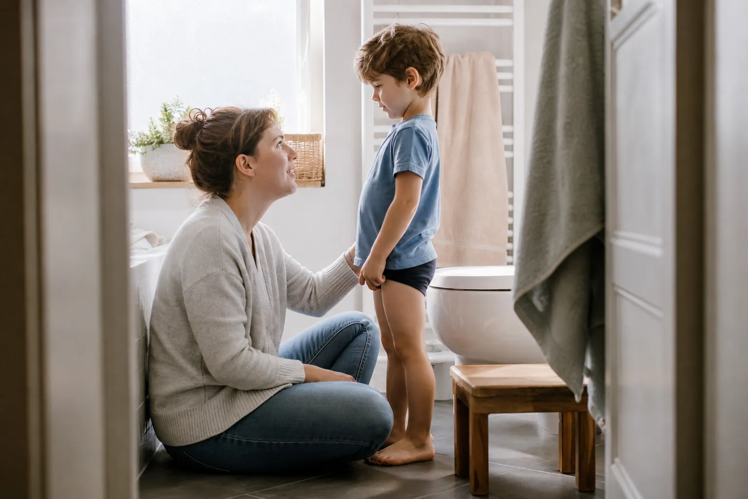 Un parent assis au sol échange calmement avec son enfant dans la salle de bain, près d'un marchepied.