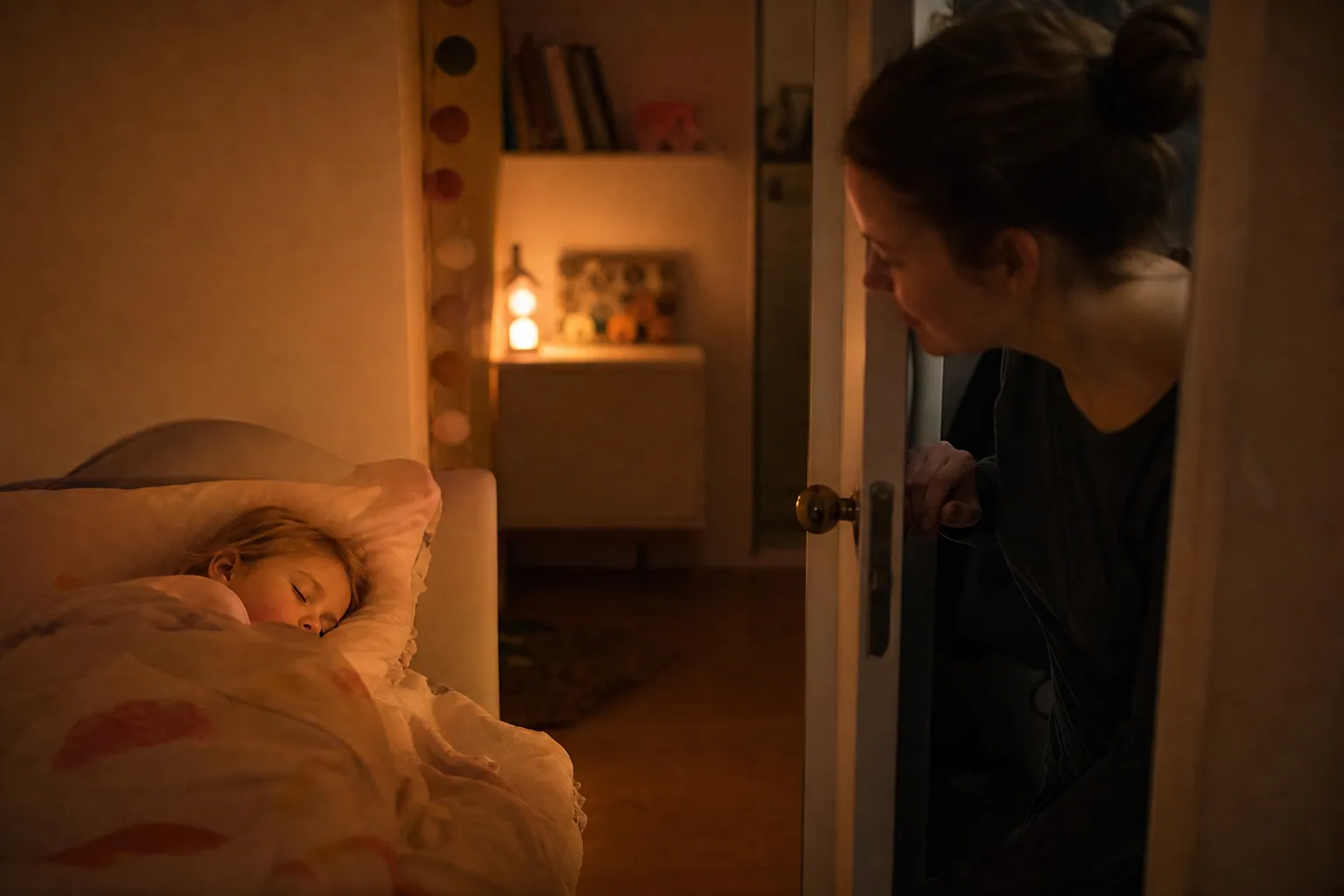 Un enfant dort paisiblement dans sa chambre la nuit, veillé par un parent depuis la porte.