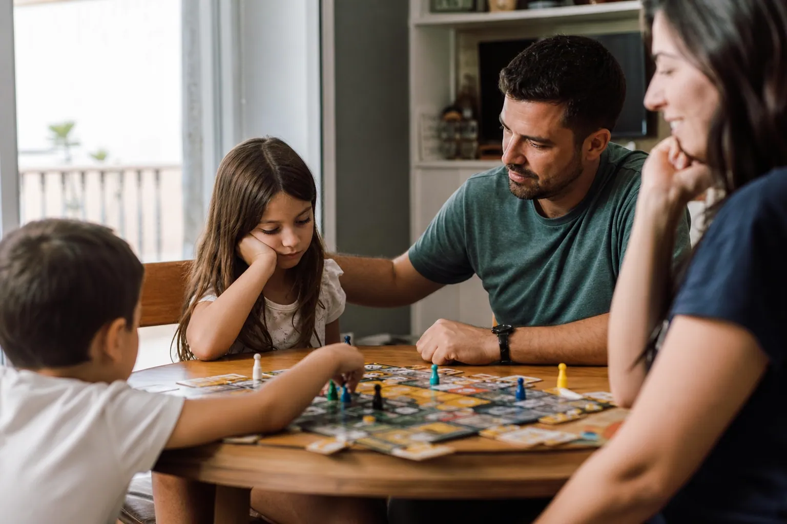 Un enfant déçu après une partie de jeu de société, réconforté par un parent à table